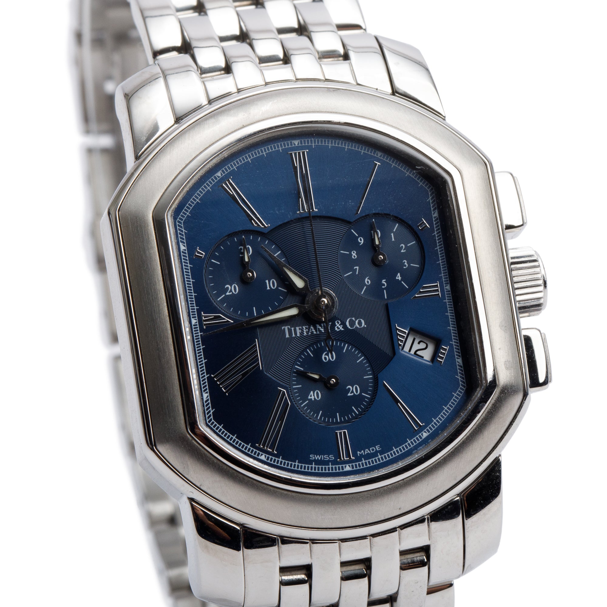 Tiffany & Co. Mark Coupe Stainless Steel Resonator Chronograph Watch Blue Dial