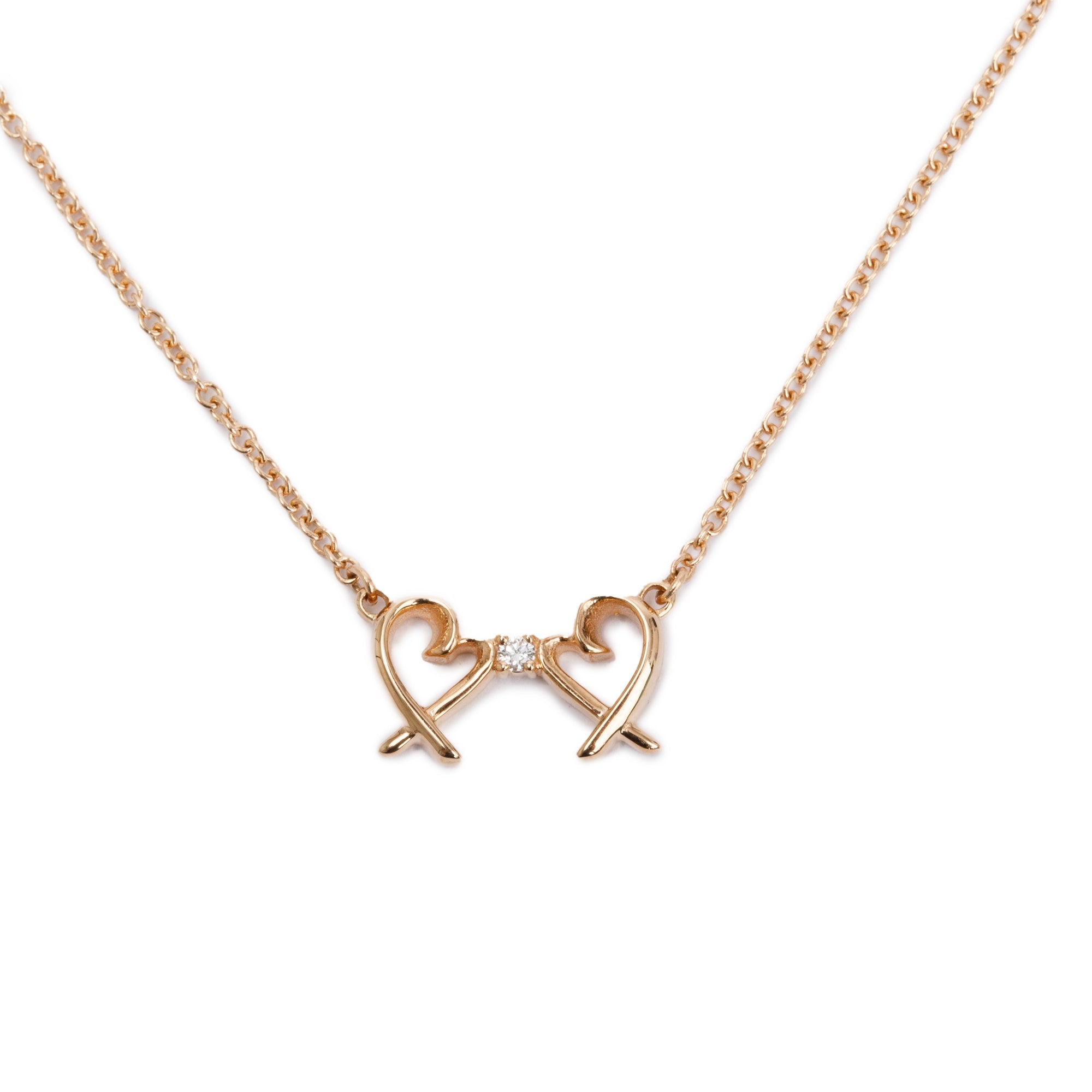 Tiffany & Co. Paloma Picasso 18k Rose Gold Diamond Mini Double Loving Heart Pendant Necklace w/ Box
