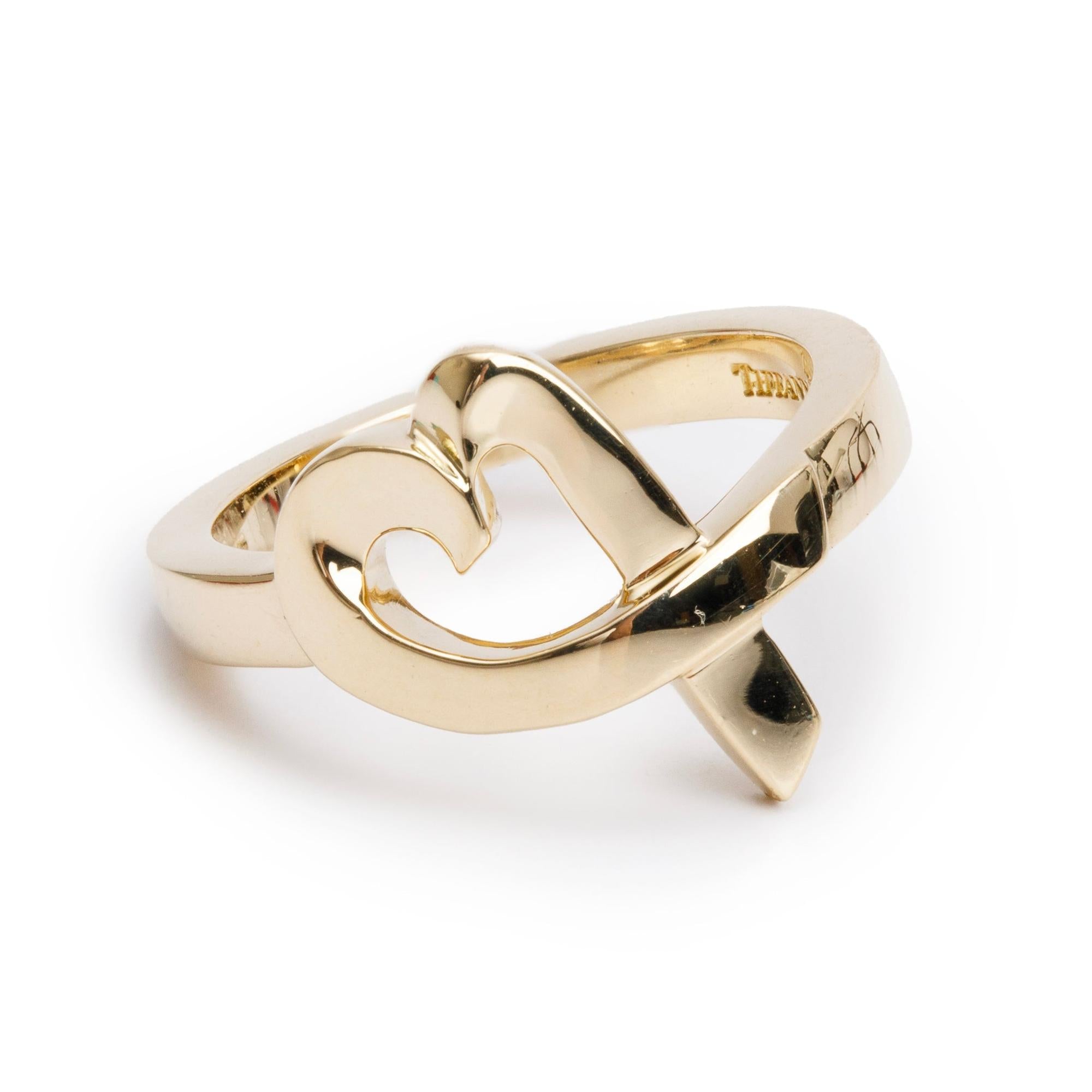 Tiffany & Co. Paloma Picasso 18k Yellow Gold Loving Heart Ring, Size 5.5 w/ Box