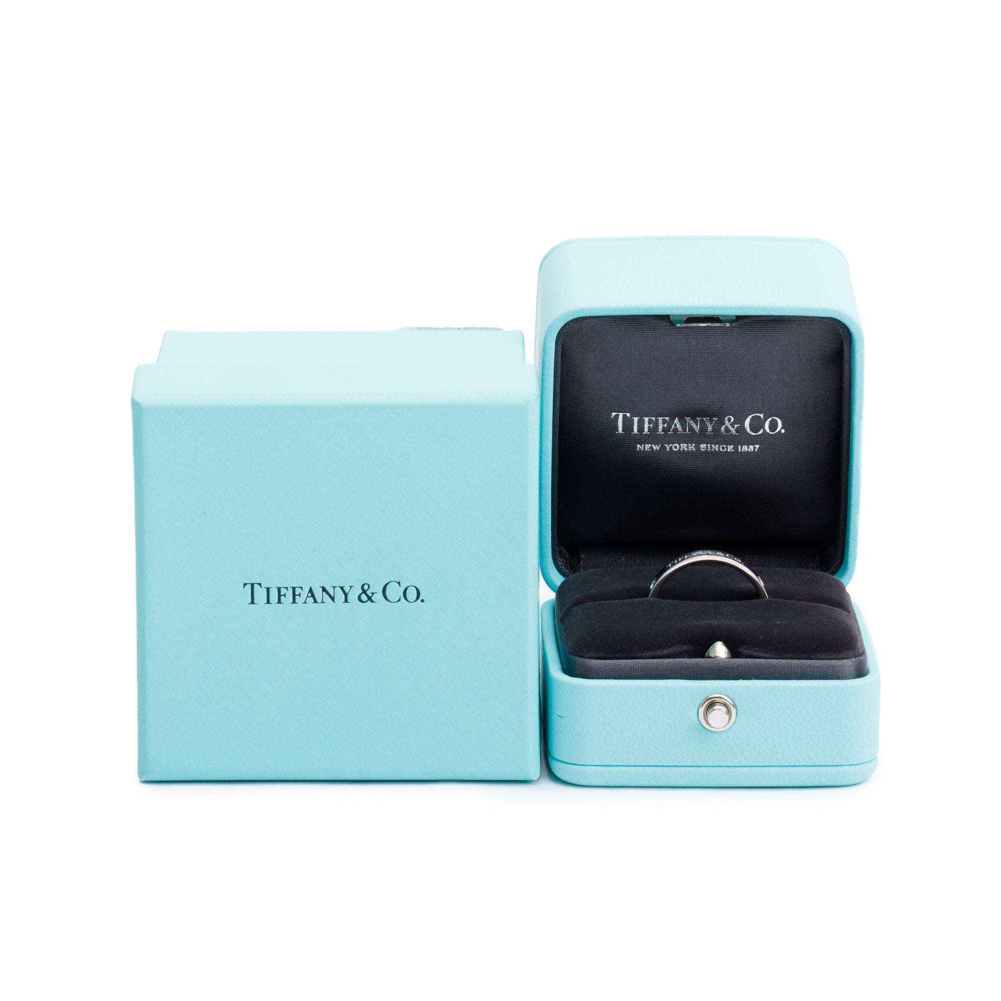 Tiffany & Co. Platinum & 3 Diamond 4 MM Logo Band Ring, Size 9.25 w/ Box