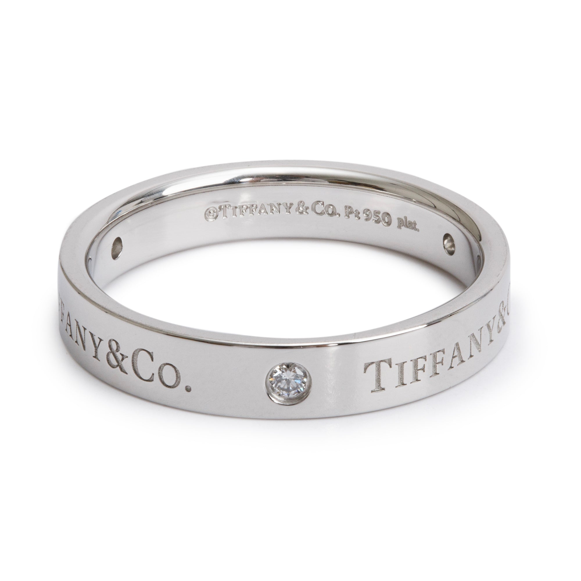 Tiffany & Co. Platinum & 3 Diamond 4 MM Logo Band Ring, Size 9.25 w/ Box
