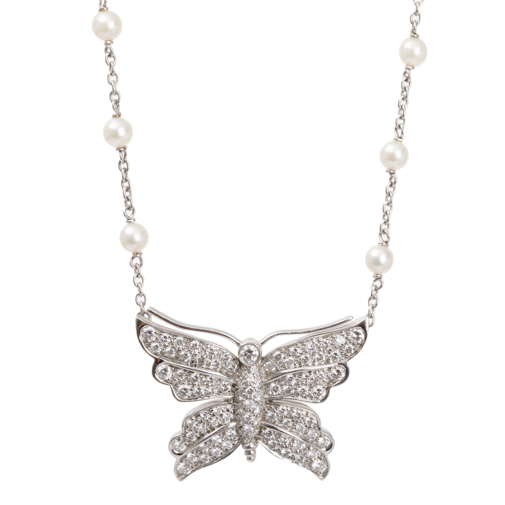 Tiffany & Co. Platinum Diamond Butterfly Pendant Pearl Necklace