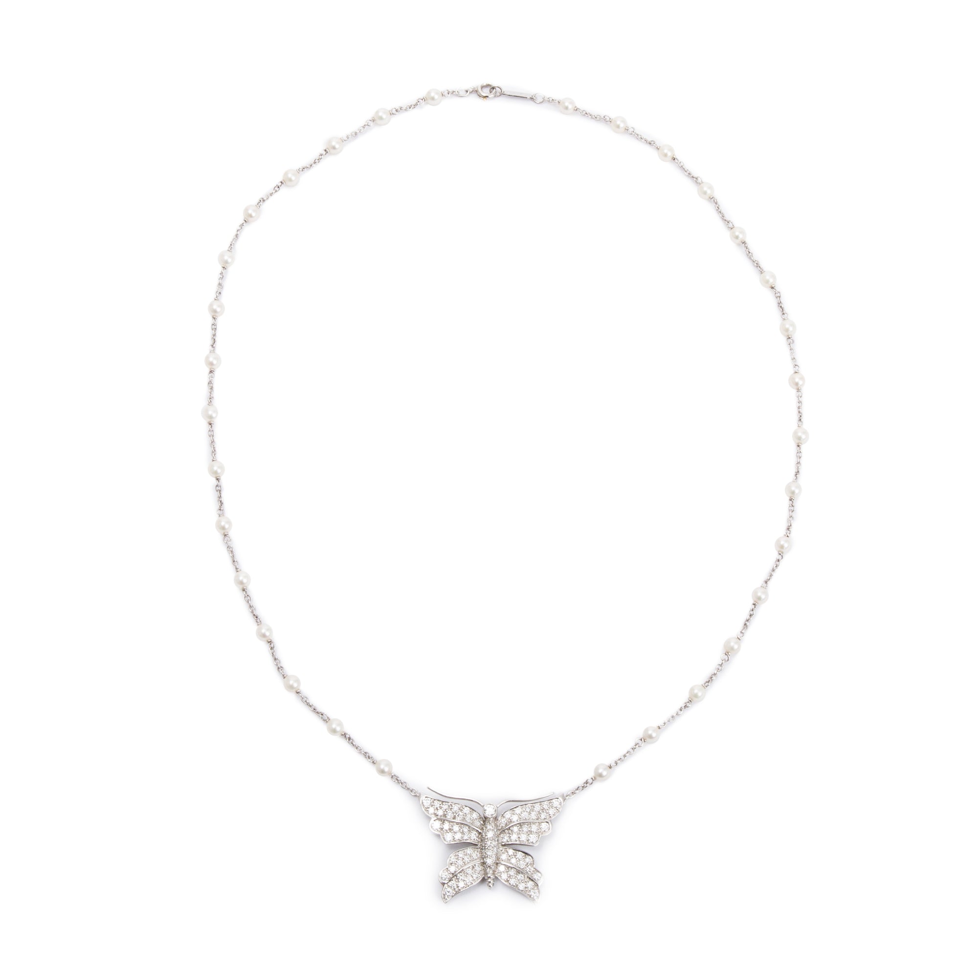 Tiffany & Co. Platinum Diamond Butterfly Pendant Pearl Necklace