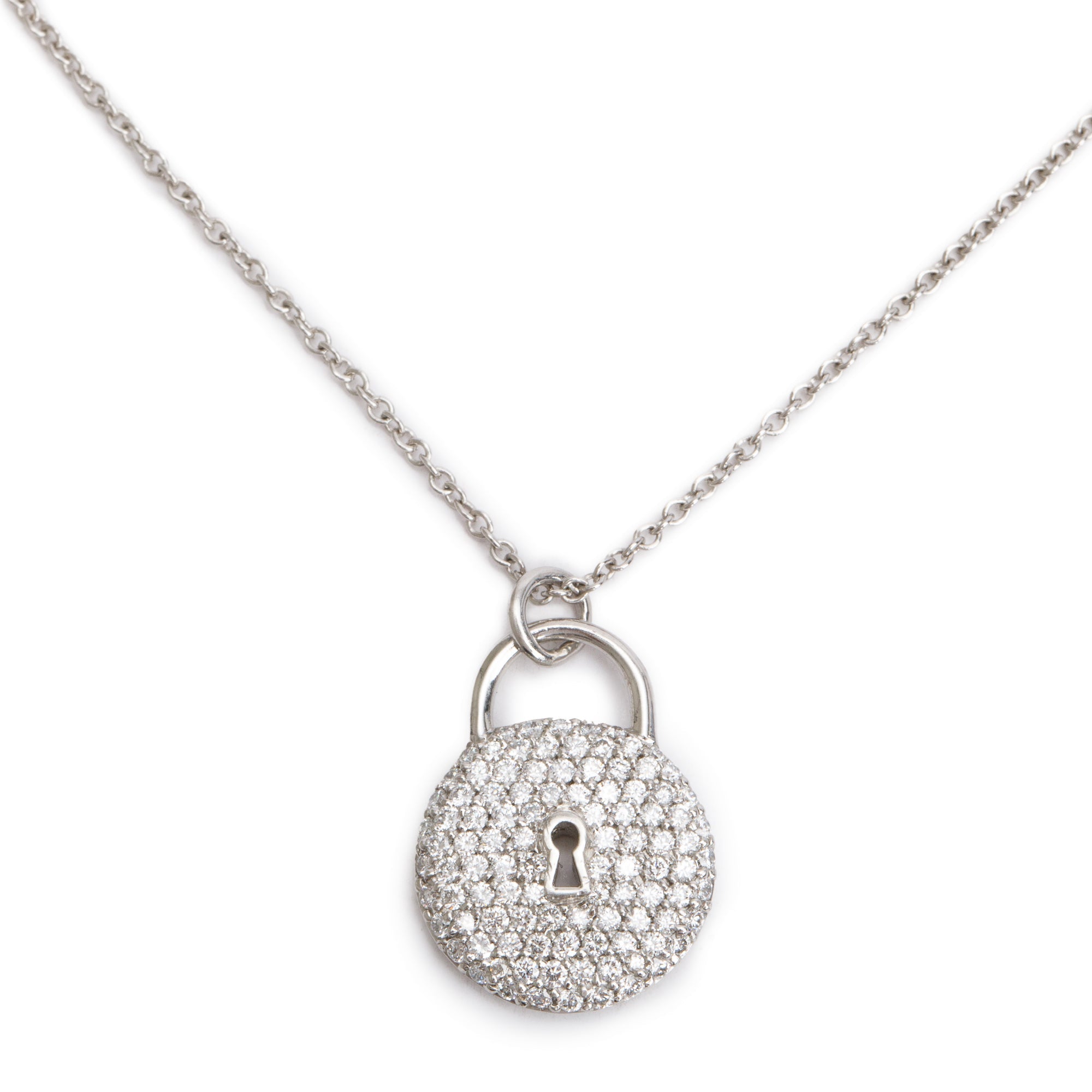 Tiffany & Co. Platinum Diamond Mini Round Lock Pendant Necklace w/ Box