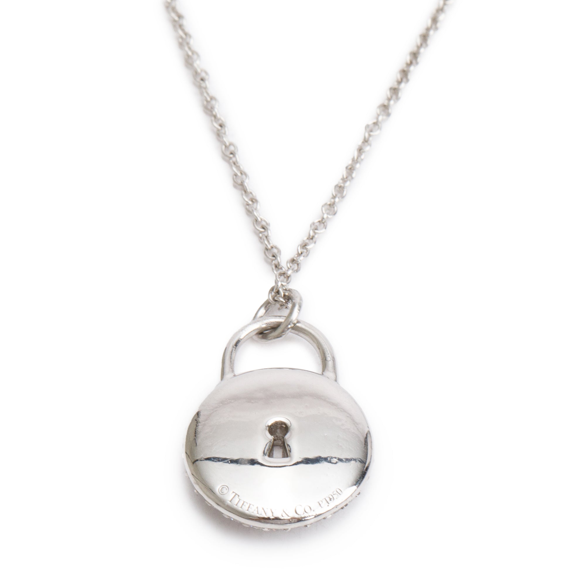 Tiffany & Co. Platinum Diamond Mini Round Lock Pendant Necklace w/ Box