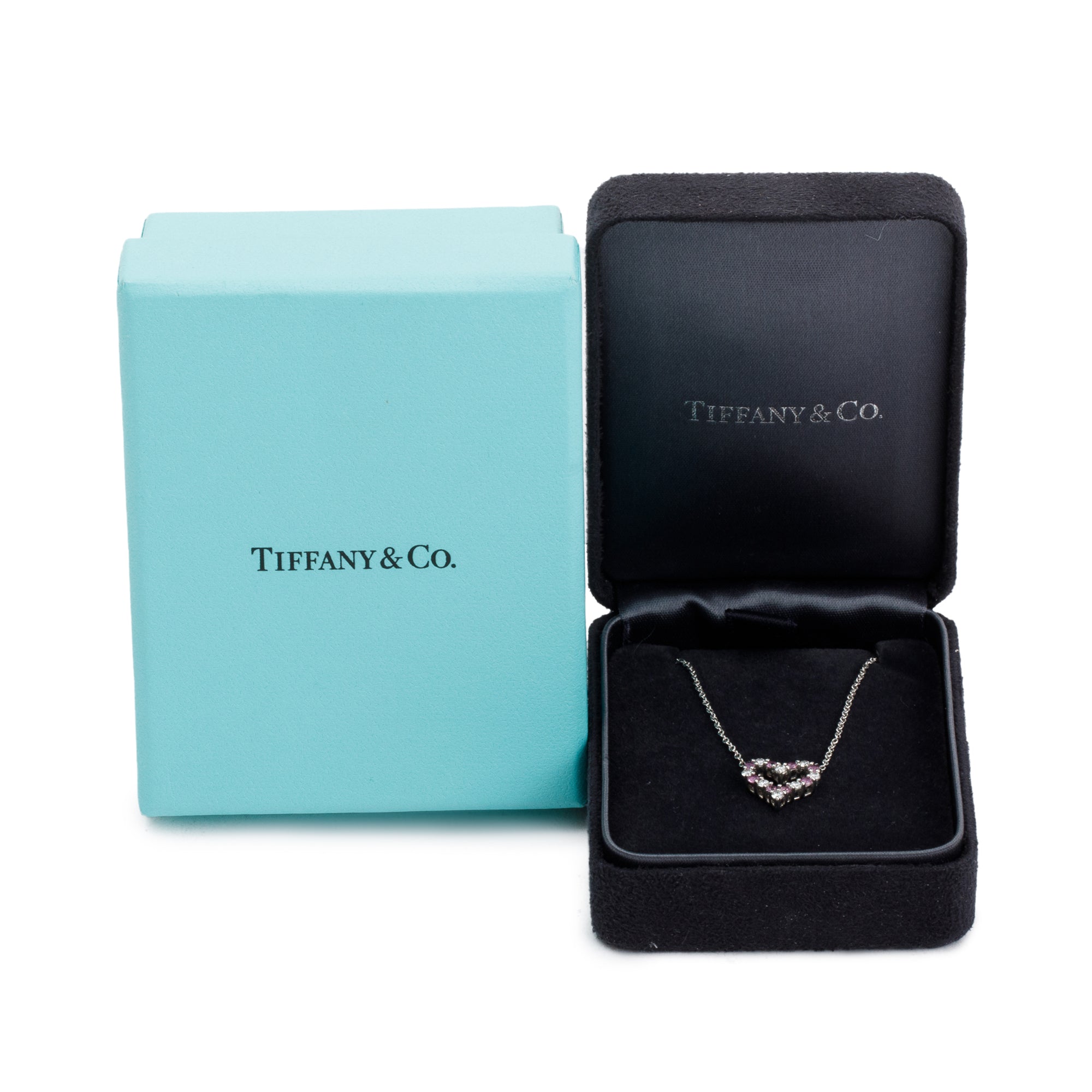 Tiffany & Co. Platinum Diamond & Pink Sapphire Mini Heart Pendant Necklace w/ Box