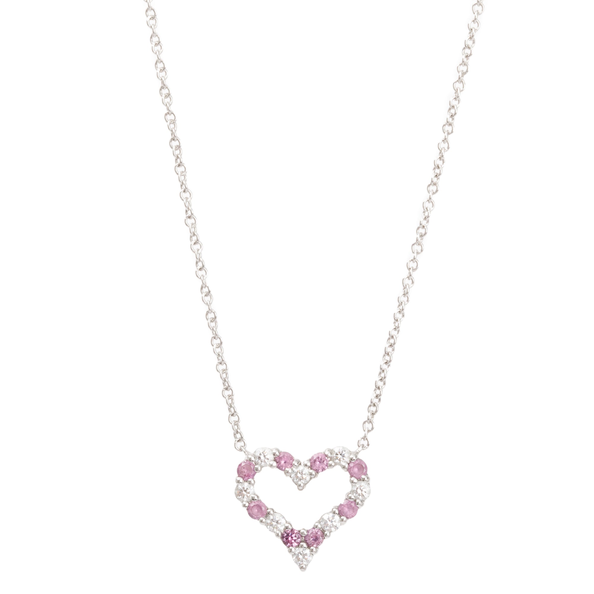 Tiffany & Co. Platinum Diamond & Pink Sapphire Mini Heart Pendant Necklace w/ Box
