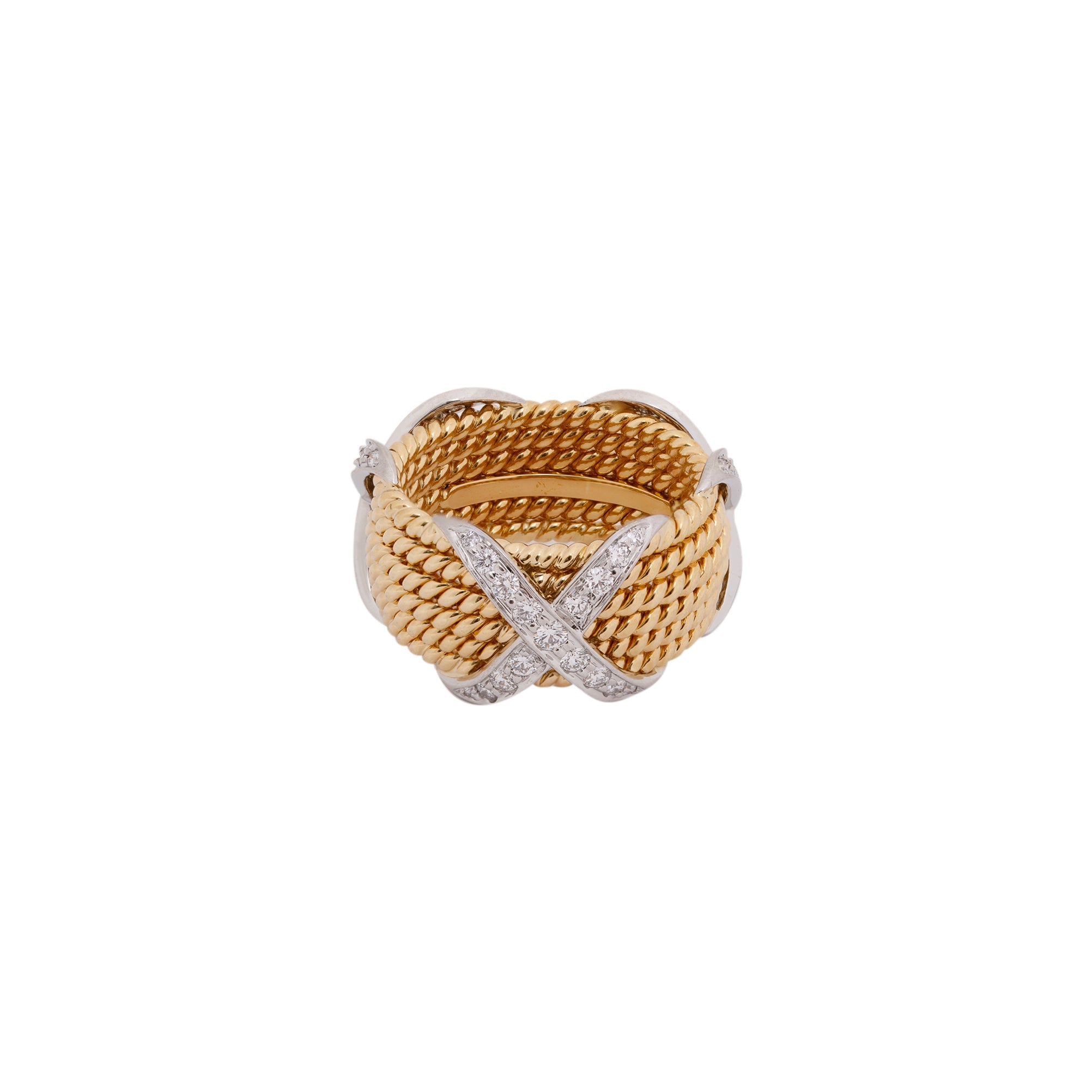 Tiffany & Co. Schlumberger 18k Gold & Platinum Rope Six-Row Diamond "X" Ring