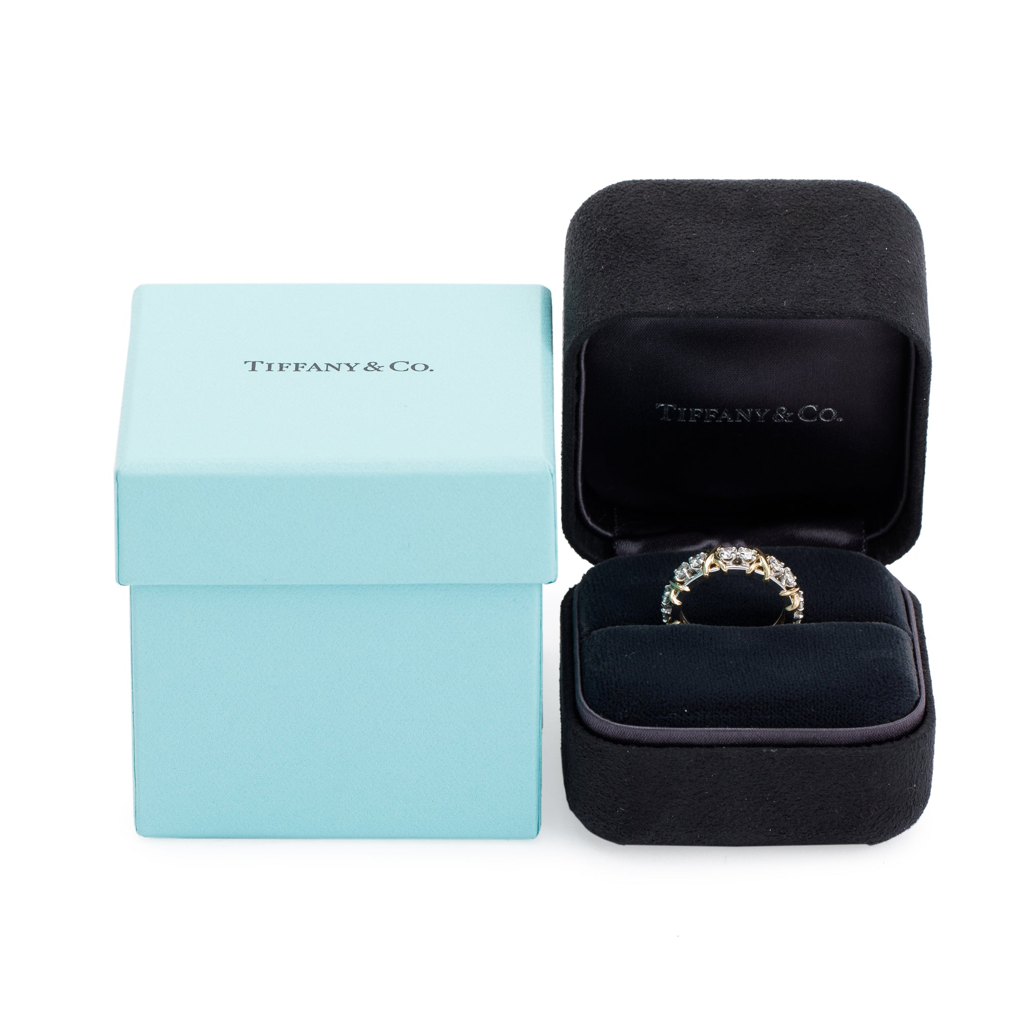 Tiffany & Co. Schlumberger Platinum & 18k Yellow Gold Sixteen Stone Diamond Ring, Size 5.75 w/ Box