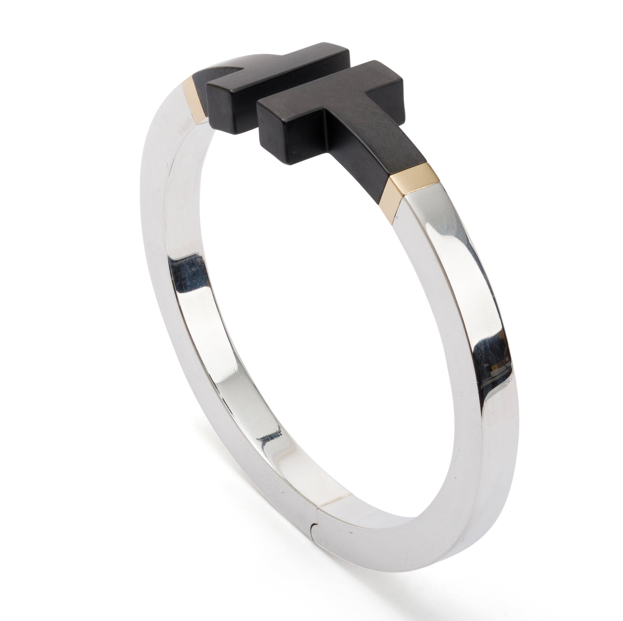 Tiffany & Co. Sterling Silver & 18k Yellow Gold Limited Edition T Square Bracelet with Black Ceramic