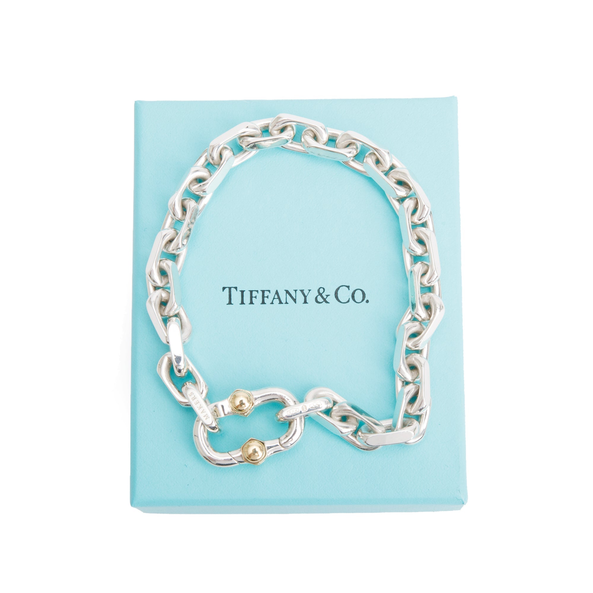 Tiffany & Co. Sterling Silver & 18k Yellow Gold Makers Wide Chain Bracelet w/ Box