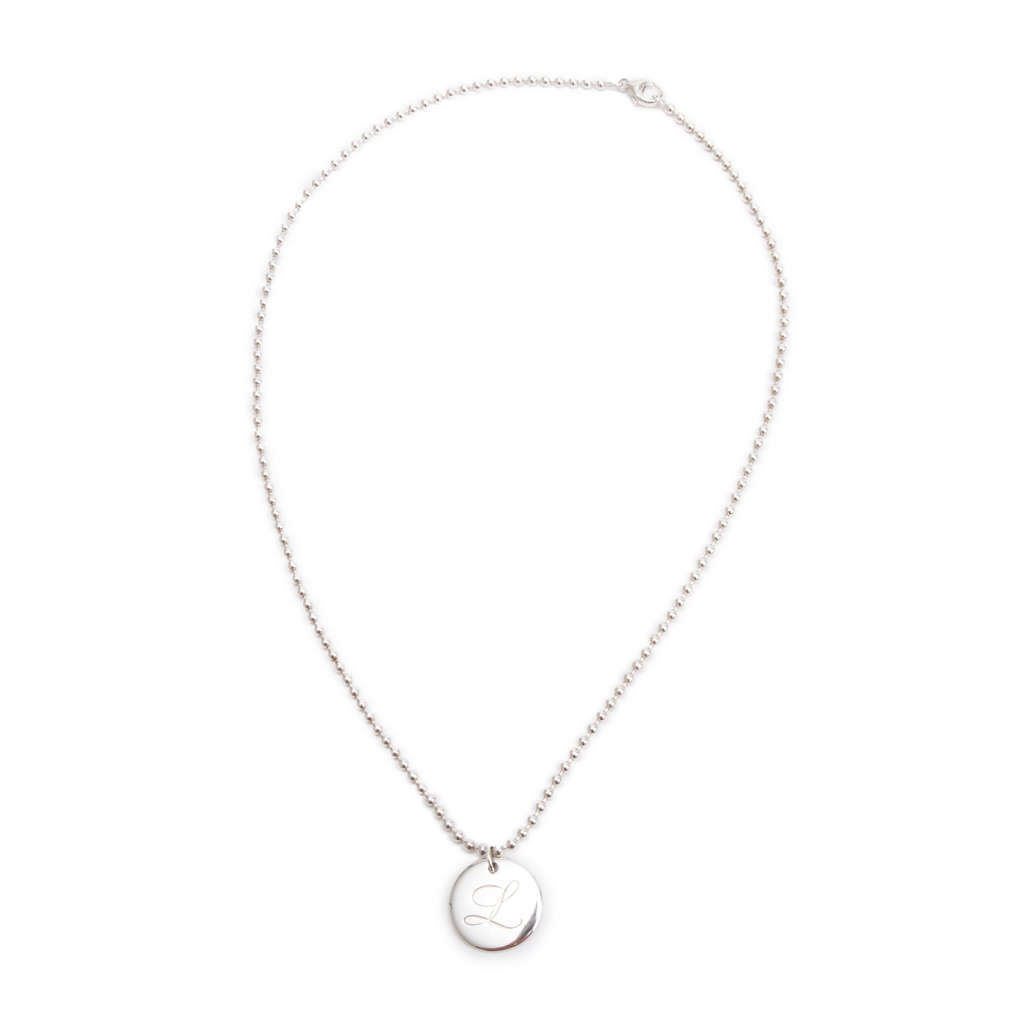 Tiffany & Co. Sterling Silver Alphabet Letter 'L' Medium Round Tag Pendant Necklace