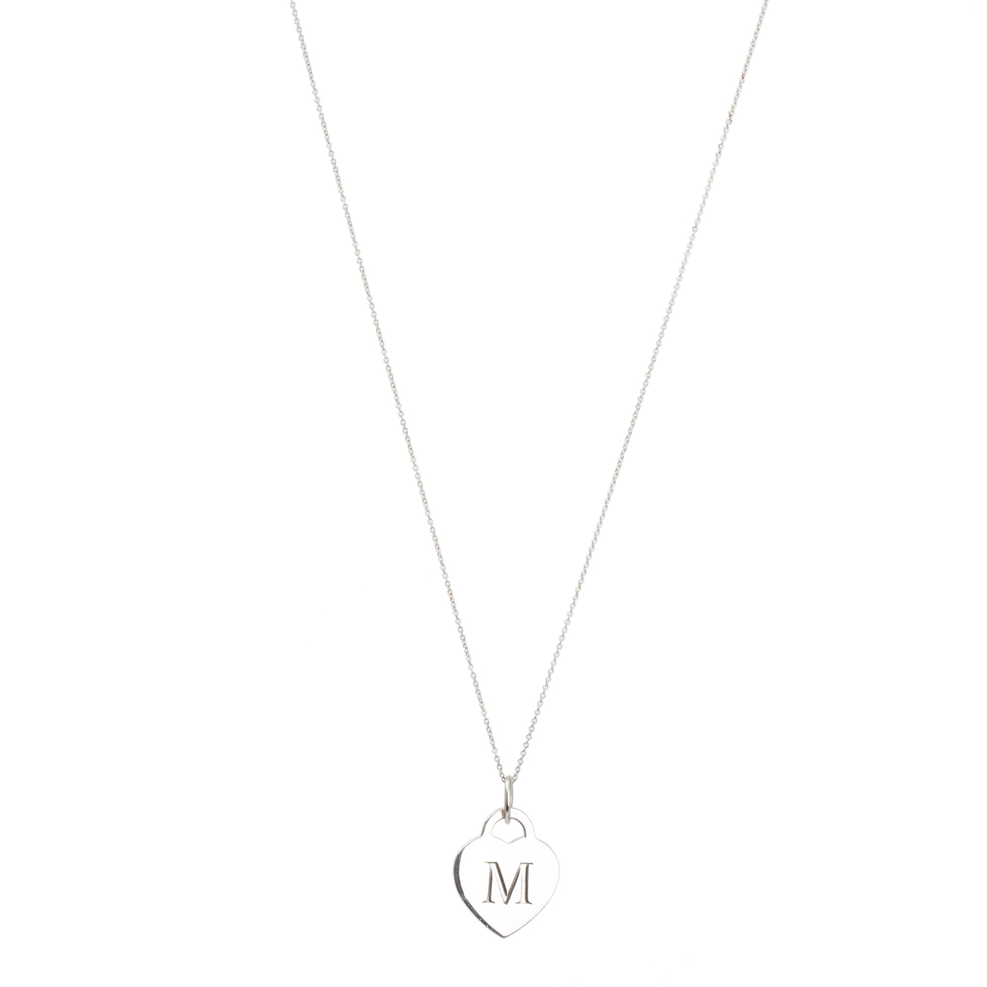 Tiffany & Co. Sterling Silver Alphabet Letter 'M' Medium Heart Tag Pendant Necklace