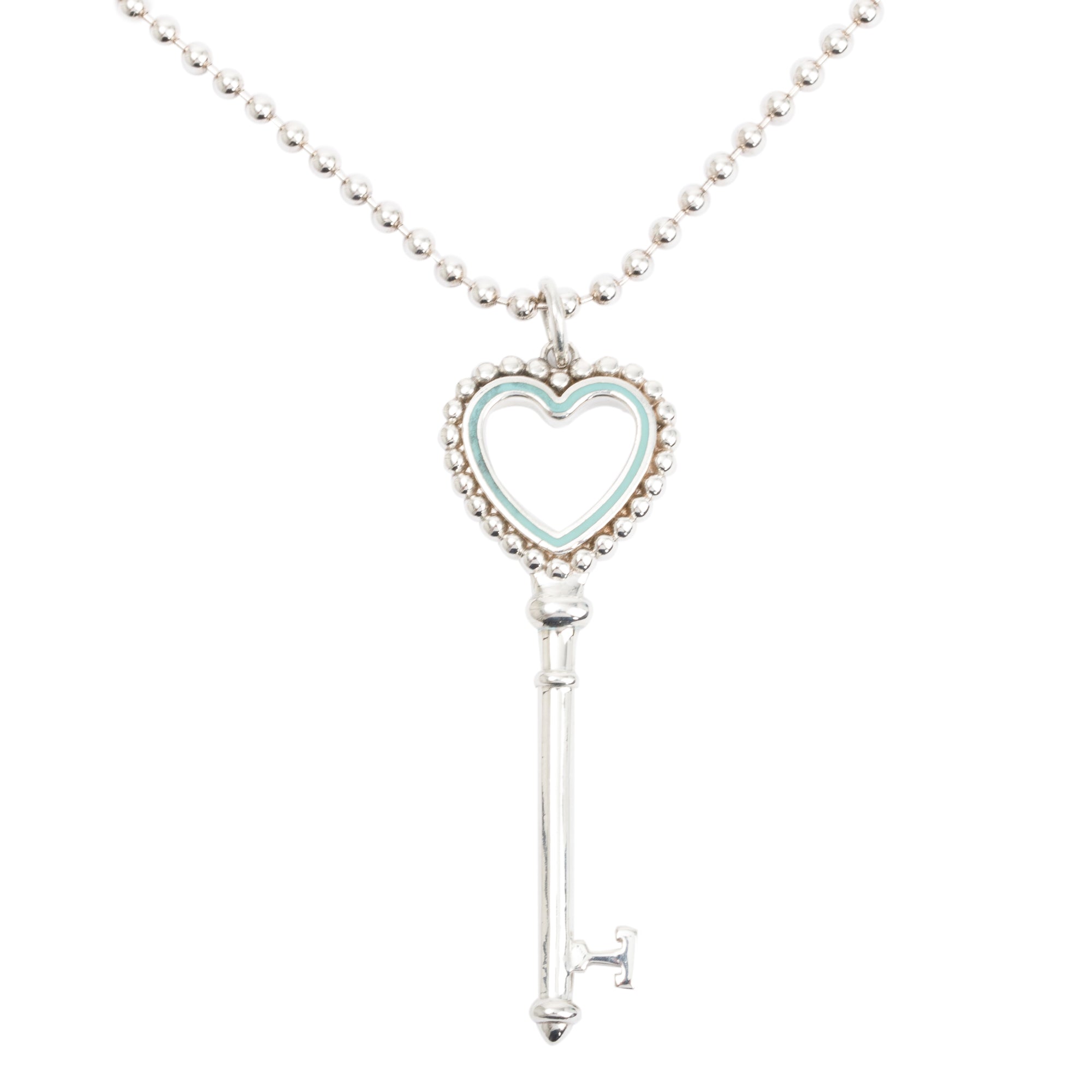 Tiffany & Co. Sterling Silver Blue Enamel Beaded Heart Key Pendant Necklace