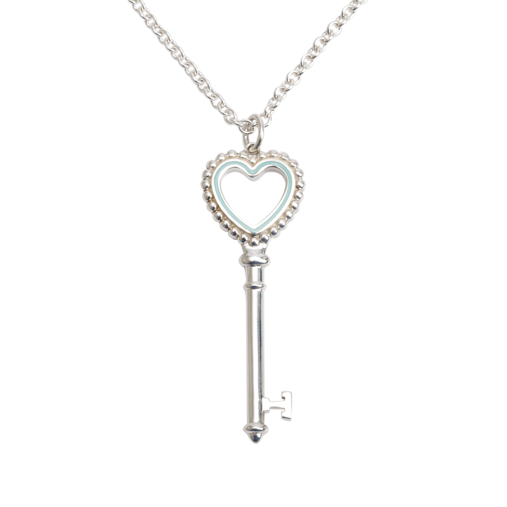 Tiffany & Co. Sterling Silver Blue Enamel Beaded Heart Key Pendant Necklace
