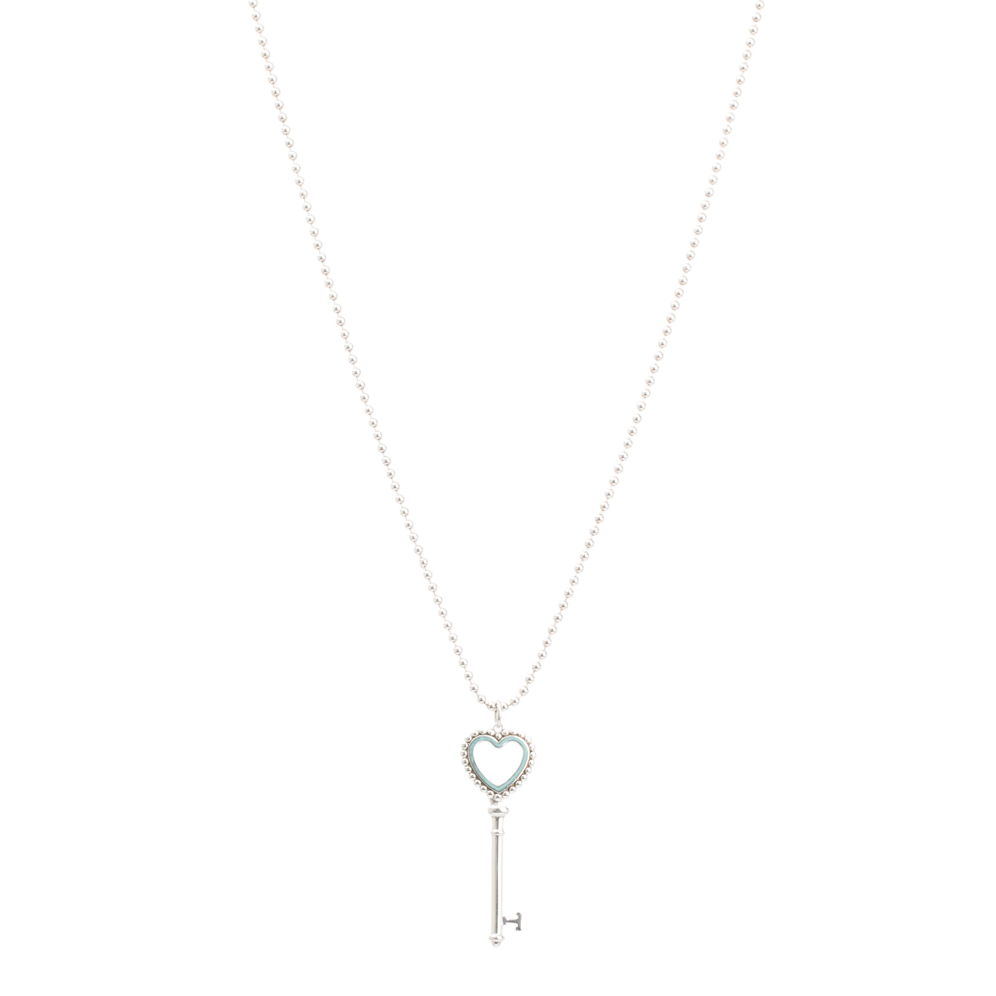 Tiffany & Co. Sterling Silver Blue Enamel Beaded Heart Key Pendant Necklace