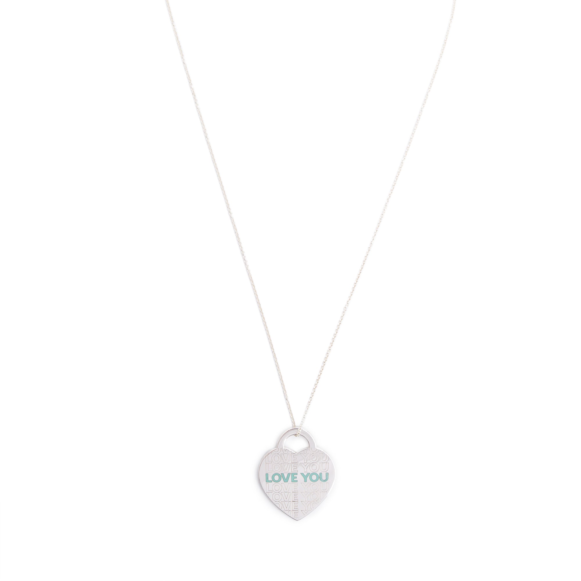 Tiffany & Co. Sterling Silver Blue Enamel 'Love You' Large Heart Tag Pendant Necklace