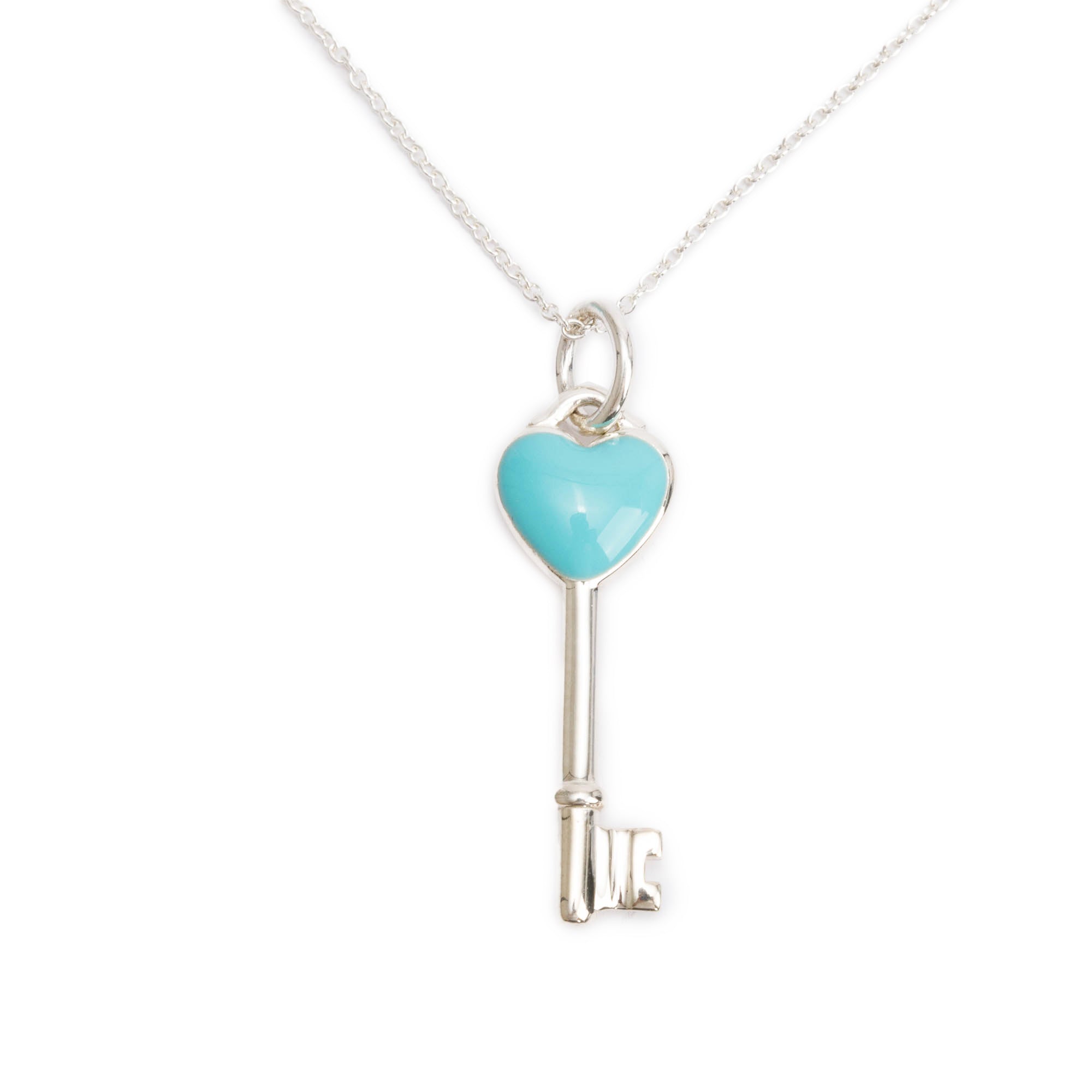 Tiffany & Co. Sterling Silver Blue Enamel Mini Heart Key Pendant Necklace