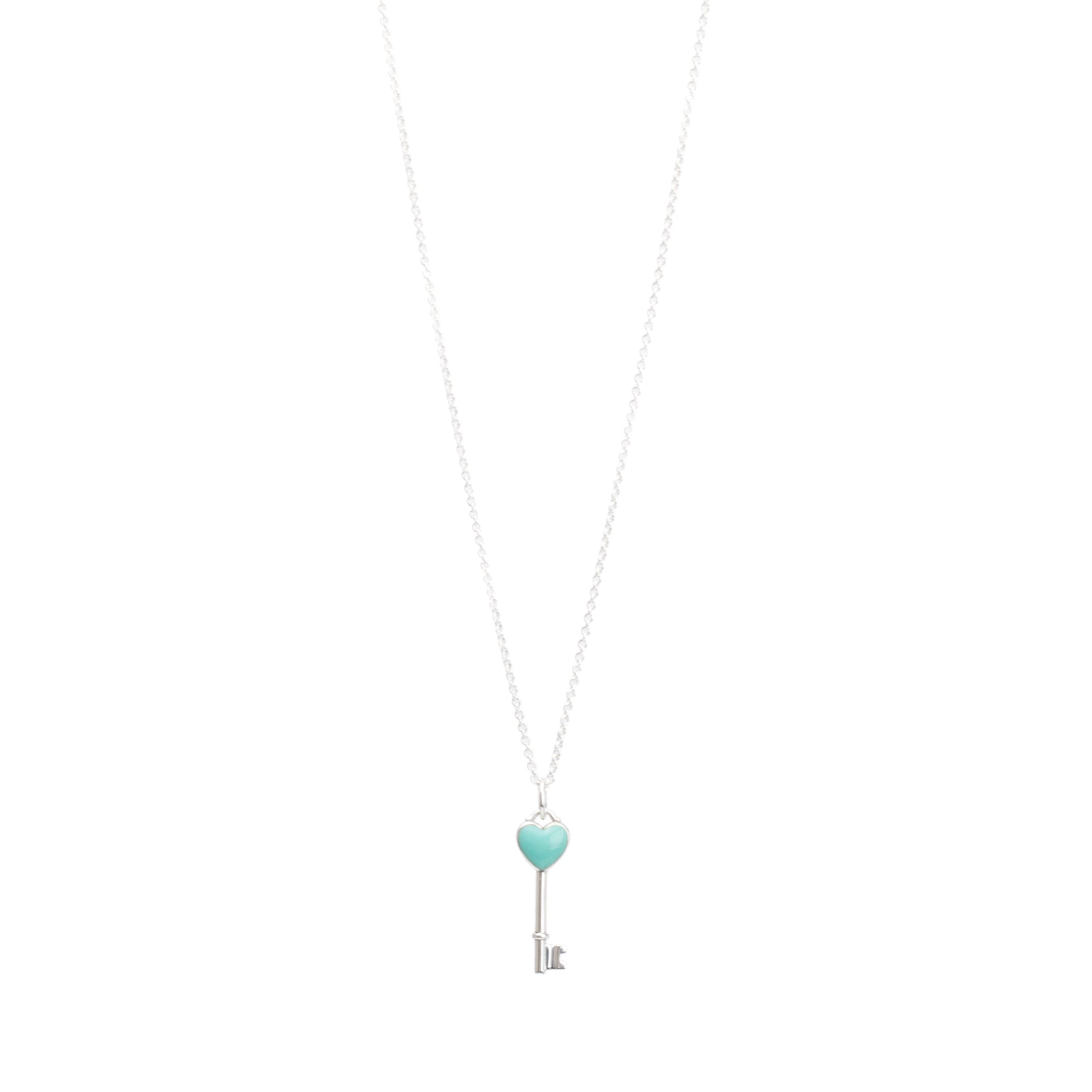 Tiffany & Co. Sterling Silver Blue Enamel Mini Heart Key Pendant Necklace