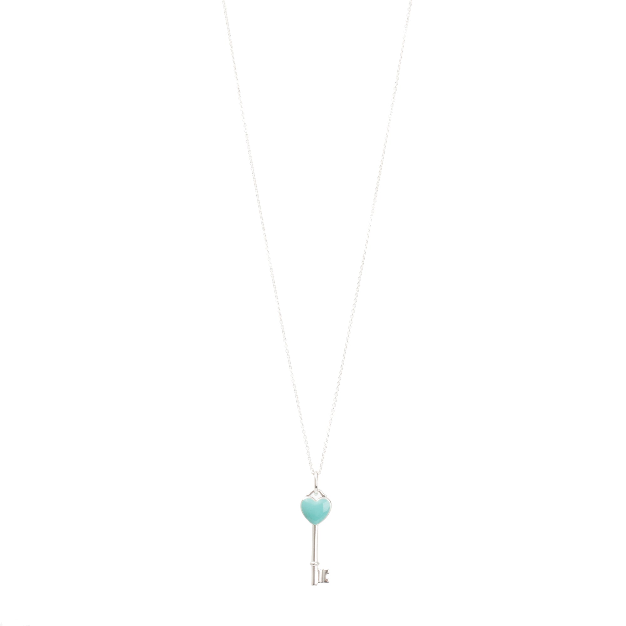 Tiffany & Co. Sterling Silver Blue Enamel Mini Heart Key Pendant Necklace