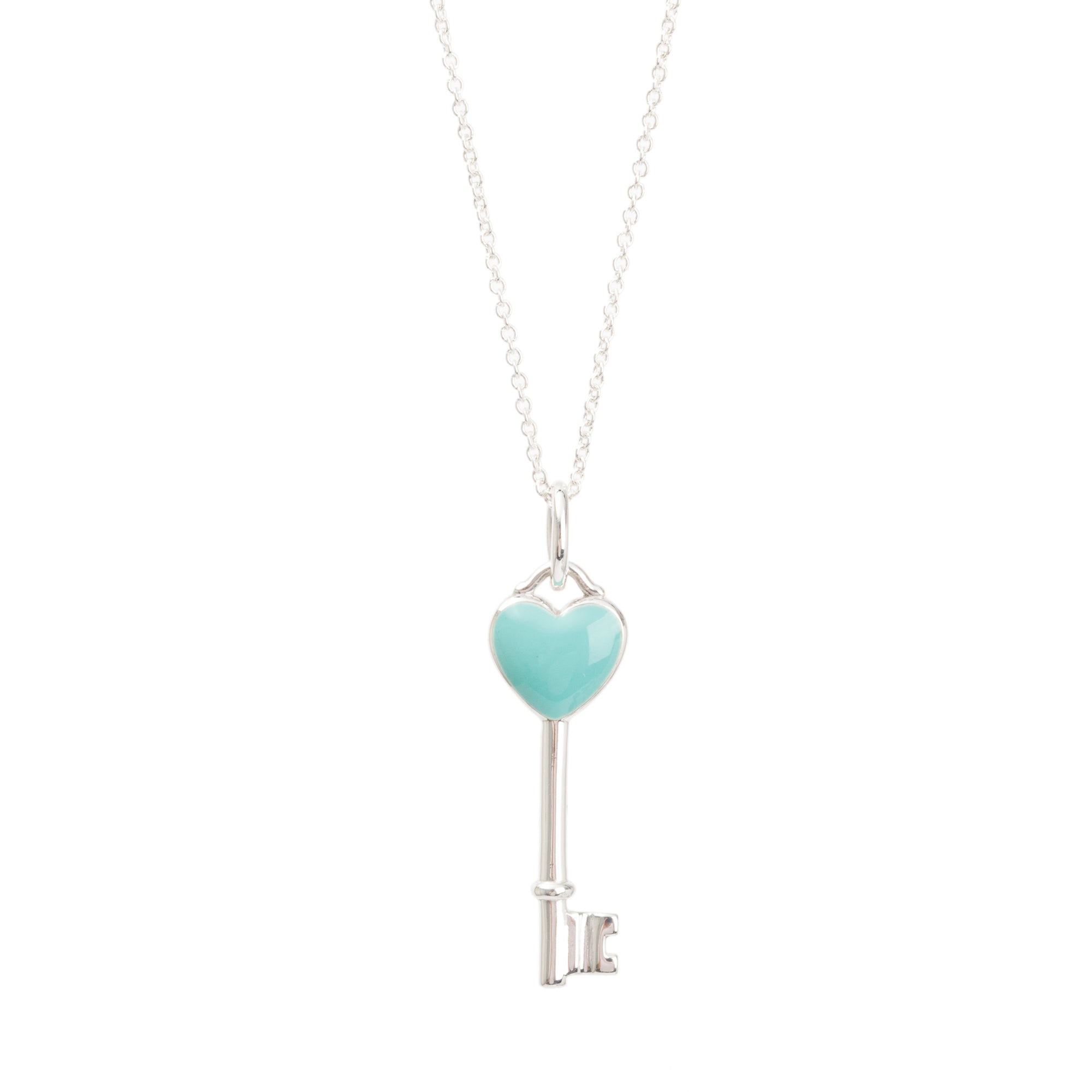 Tiffany & Co. Sterling Silver Blue Enamel Mini Heart Key Pendant Necklace