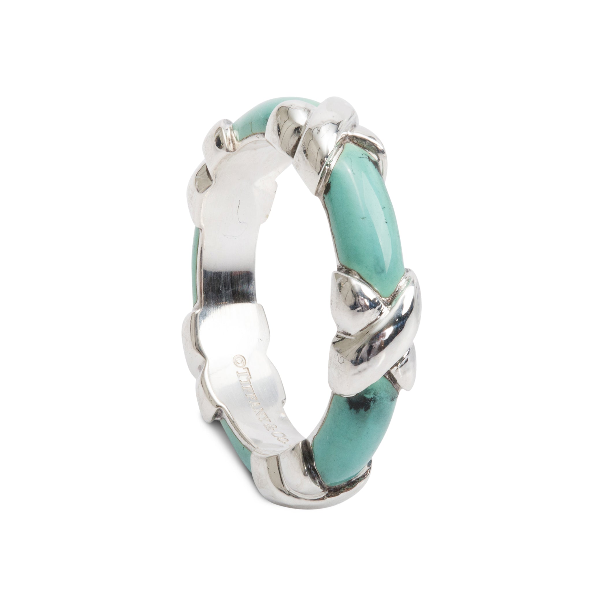 Tiffany & Co. Sterling Silver Blue Enamel X Band Ring, Size 5