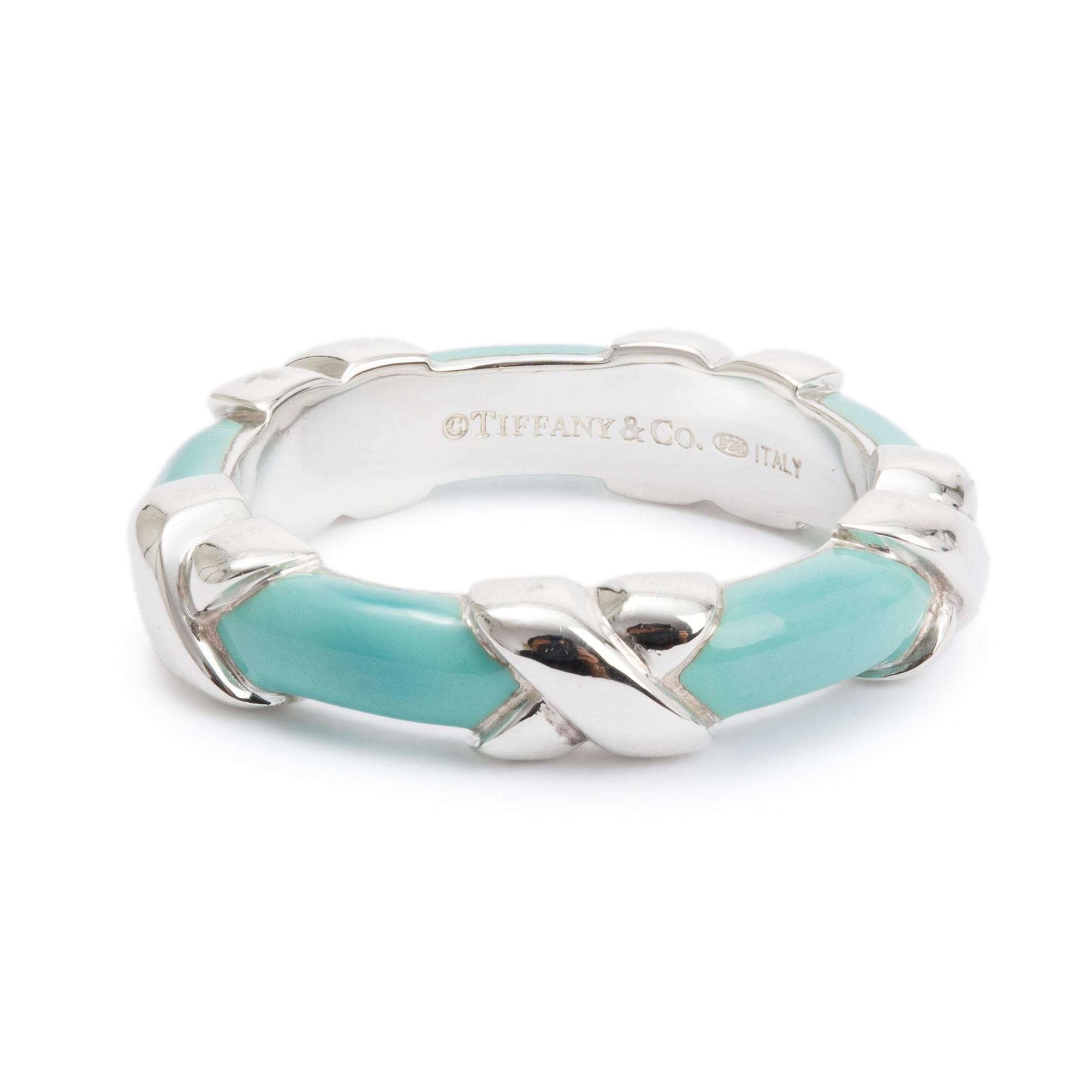 Tiffany & Co. Sterling Silver Blue Enamel X Band Ring, Size 5.5