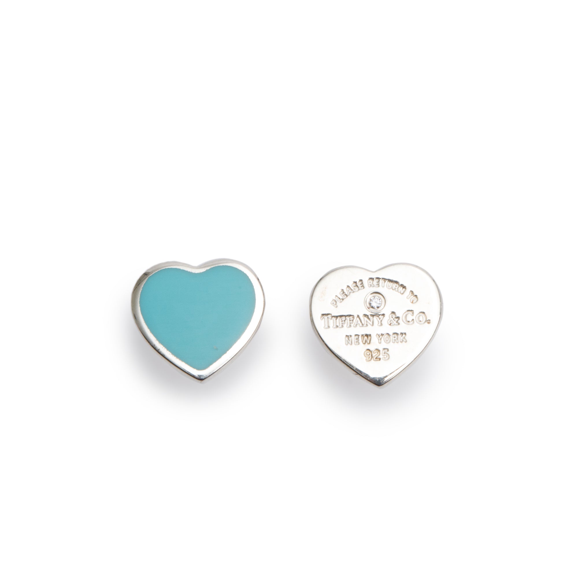 Tiffany & Co. Sterling Silver Diamond & Blue Enamel Return to Tiffany Mini Heart Tag Stud Earrings w/ Box