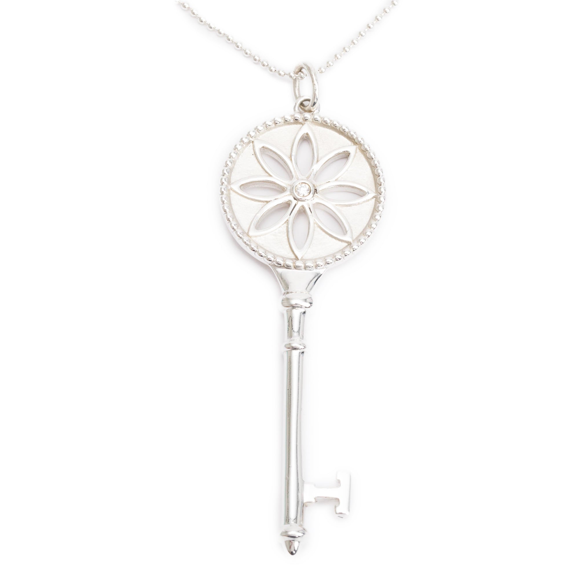 Tiffany & Co. Sterling Silver Diamond Large Daisy Key Pendant Necklace