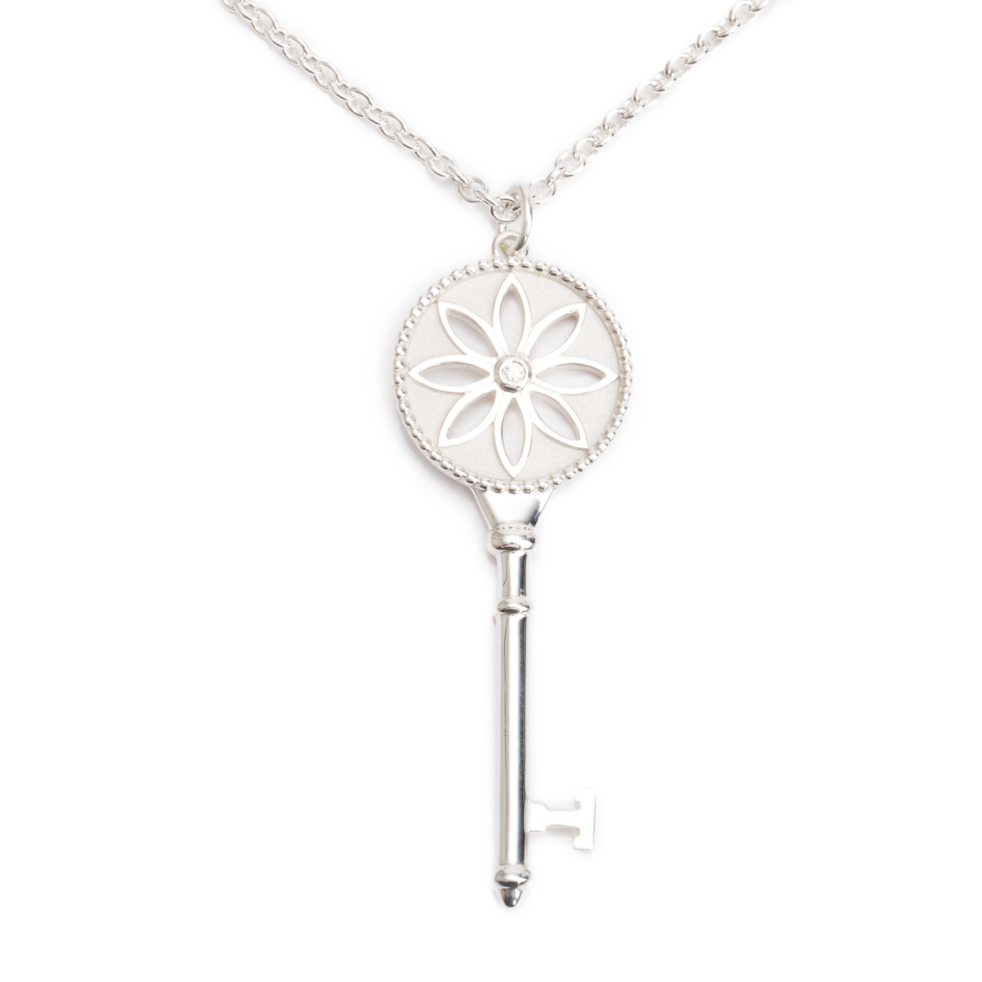 Tiffany & Co. Sterling Silver Diamond Large Daisy Key Pendant Necklace