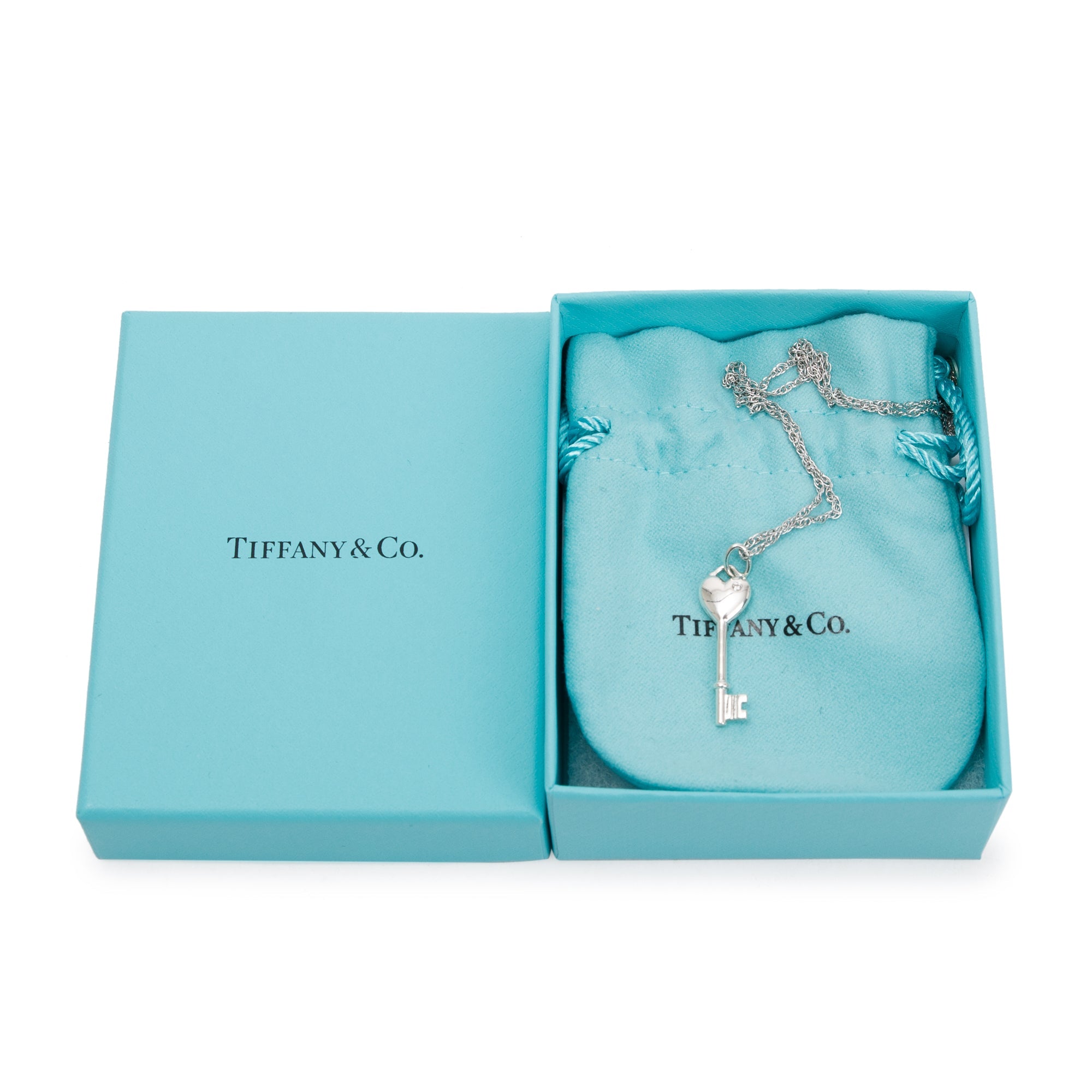 Tiffany & Co. Sterling Silver Mini Diamond Heart Key Pendant Necklace w/ Box