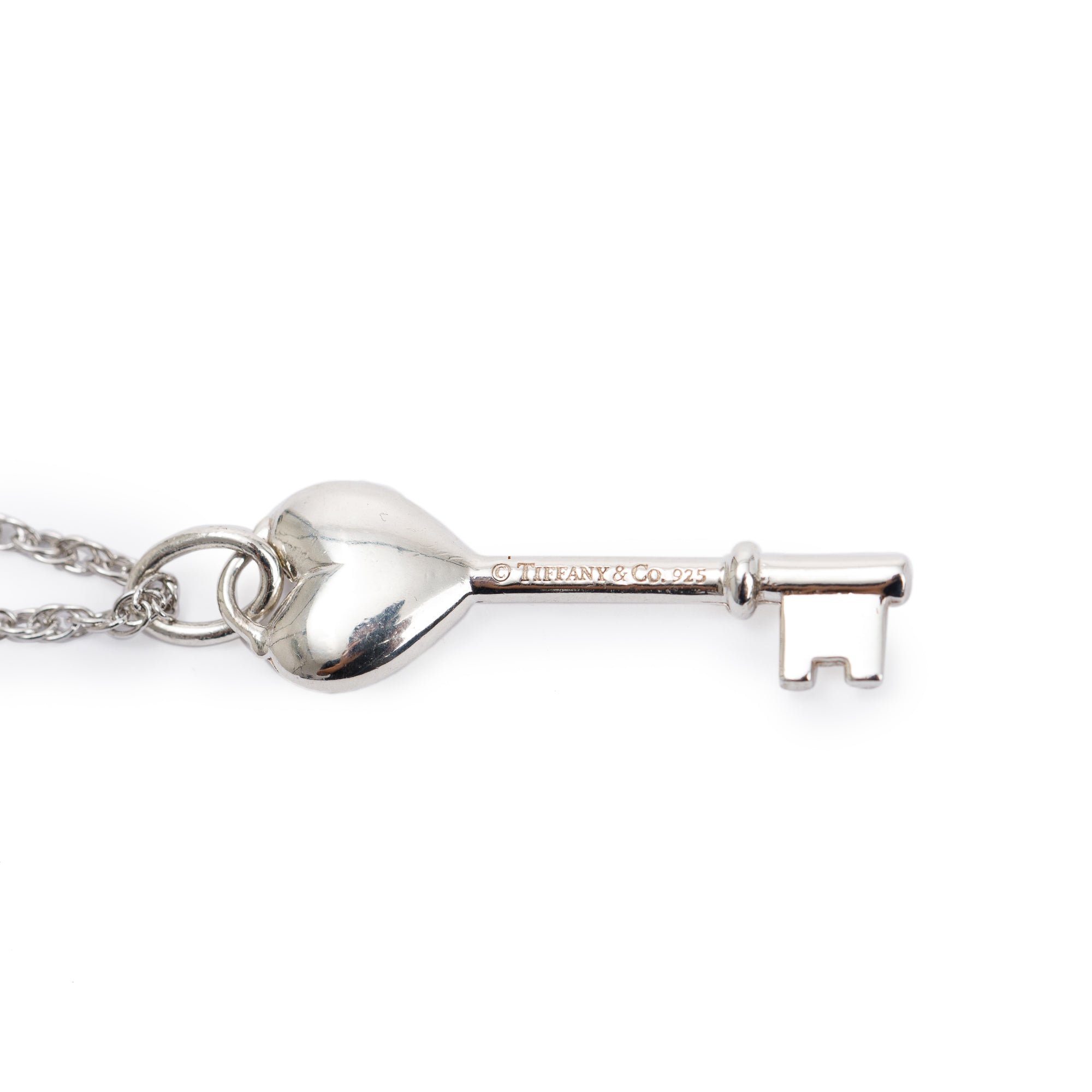 Tiffany & Co. Sterling Silver Mini Diamond Heart Key Pendant Necklace w/ Box