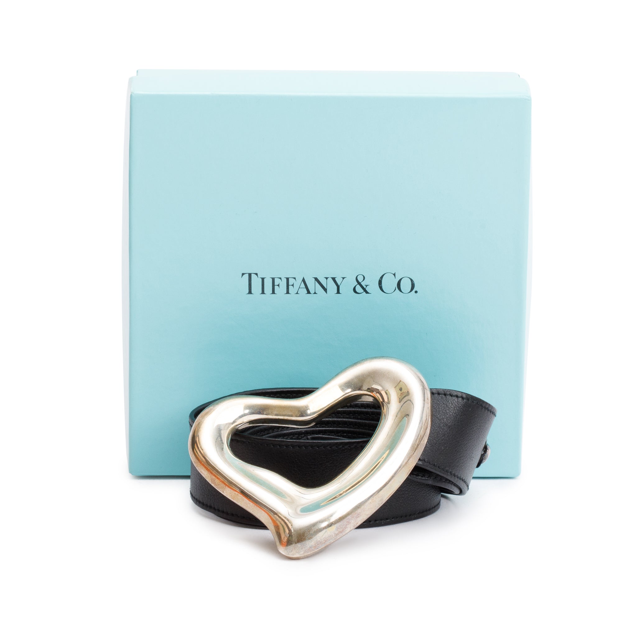 Tiffany & Co. Sterling Silver Open Heart Buckle Black Leather Belt w/ Box