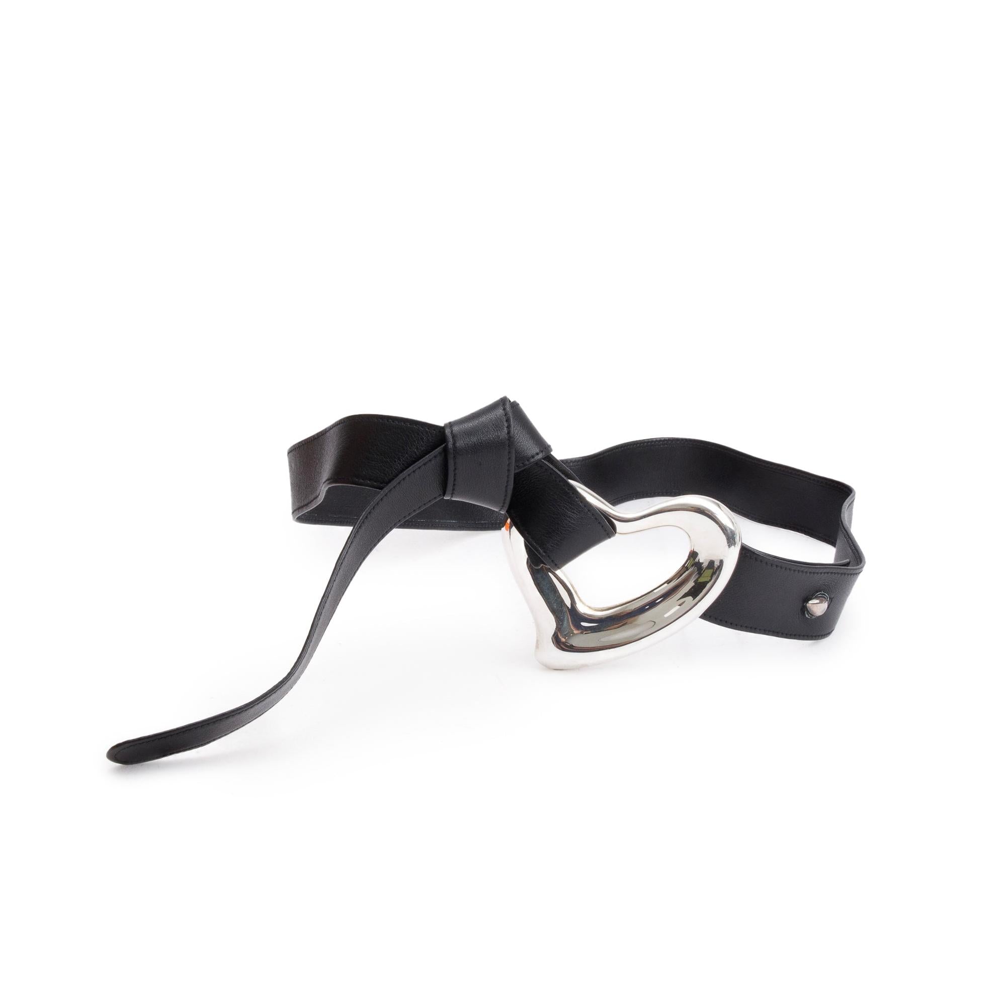 Tiffany & Co. Sterling Silver Open Heart Buckle Black Leather Belt w/ Box
