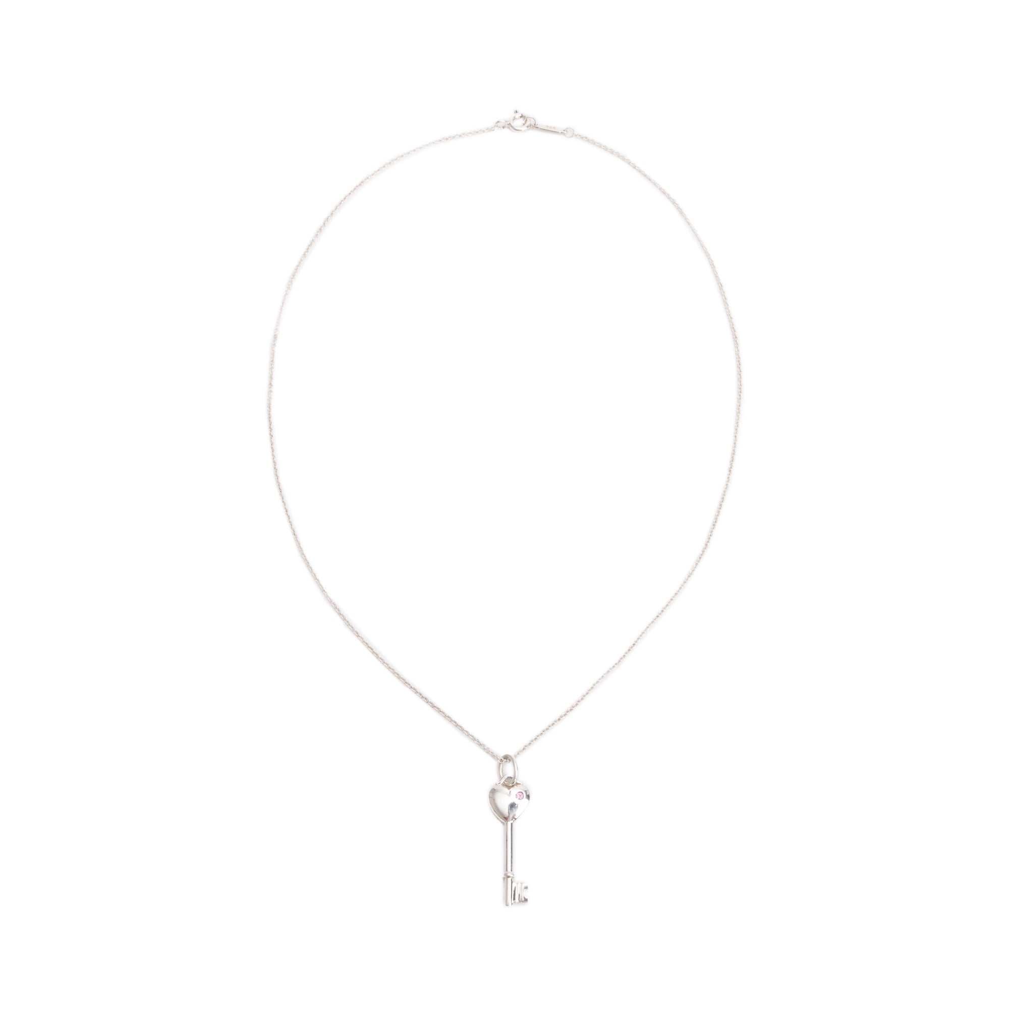 Tiffany & Co. Sterling Silver Pink Sapphire Mini Heart Key Pendant Necklace