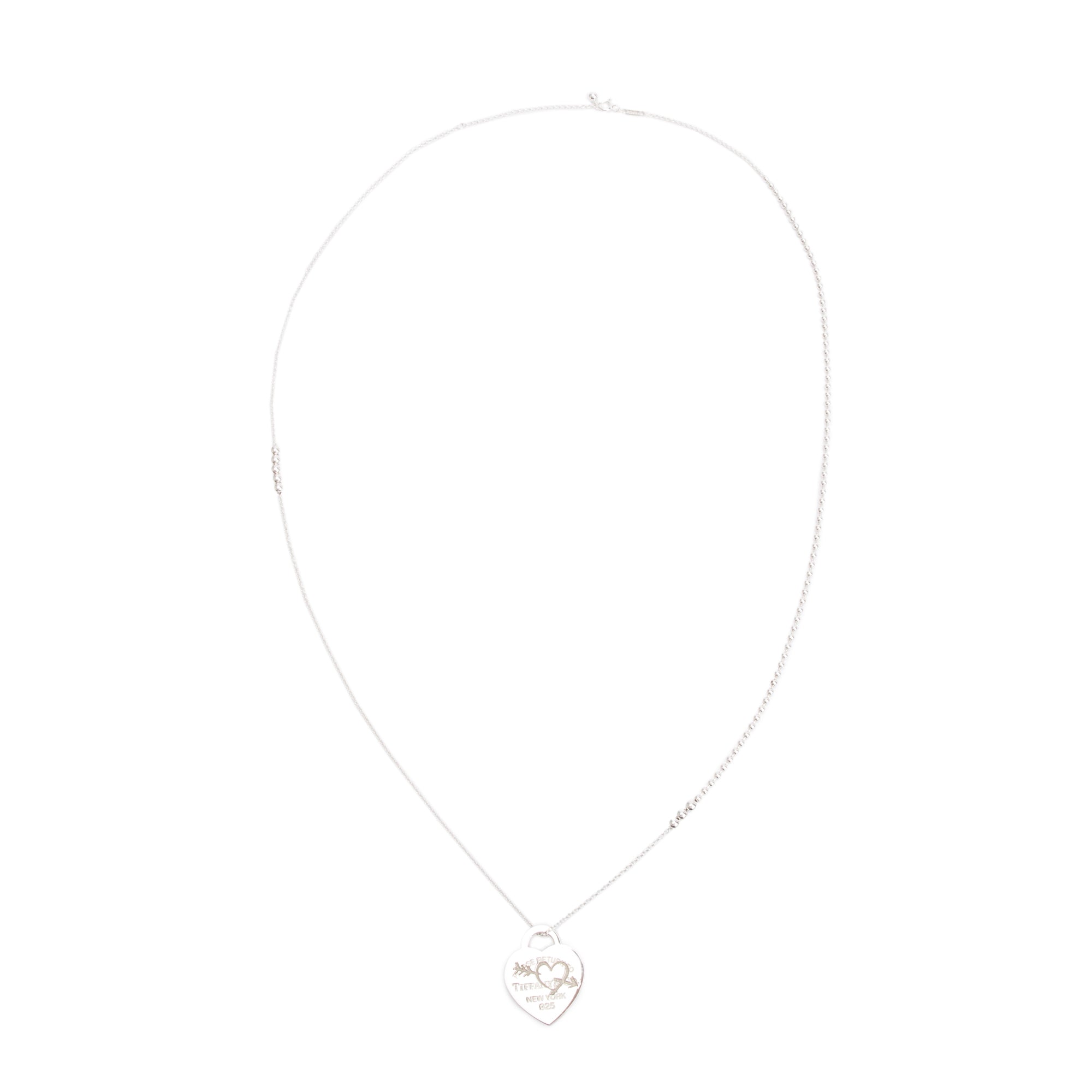 Tiffany & Co. Sterling Silver Return to Tiffany Etched Heart and Arrow Tag Pendant on Mixed Bead Chain