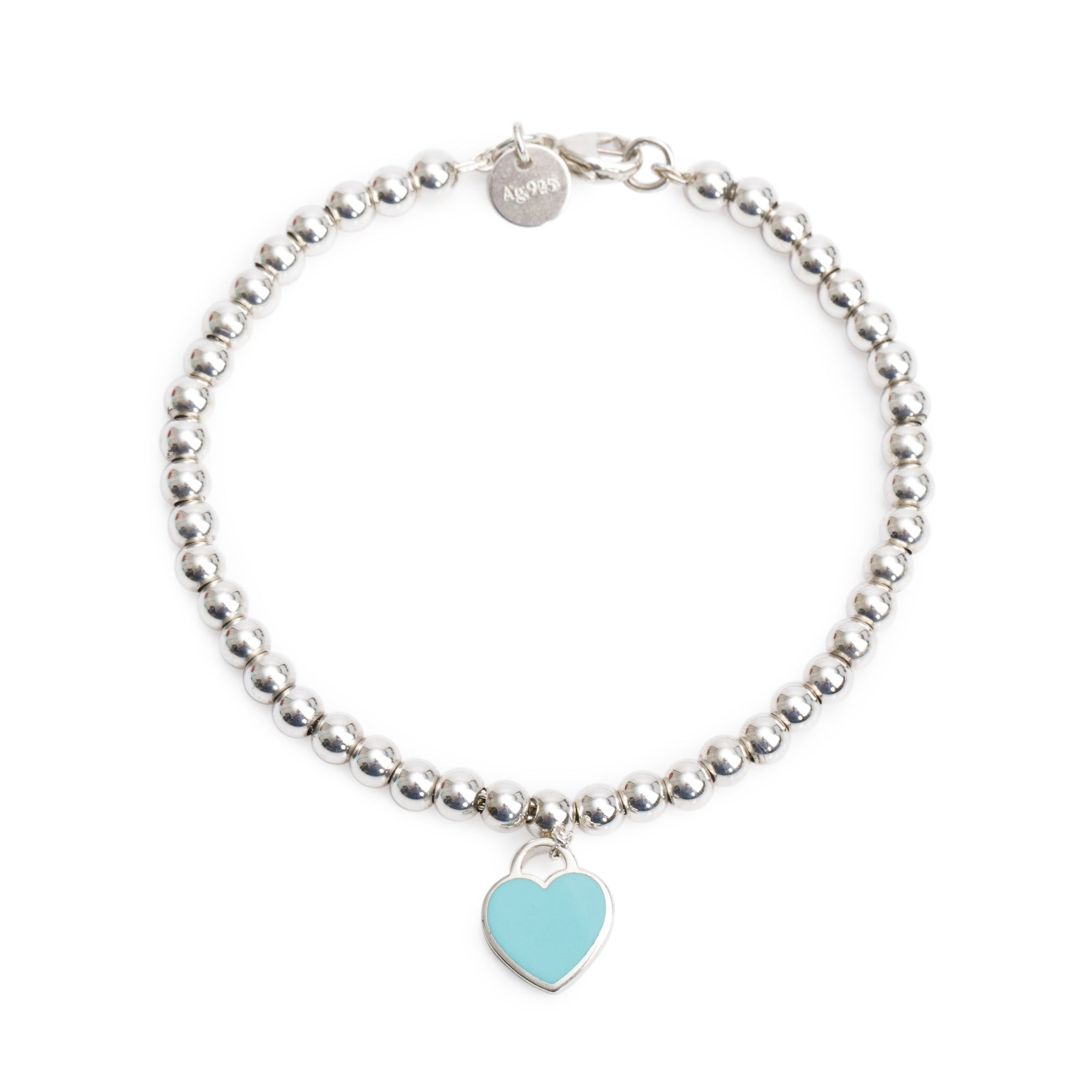 Tiffany & Co. Sterling Silver Return to Tiffany Mini Heart Tag 4 MM Bead Bracelet with Diamond & Blue Enamel w/ Box