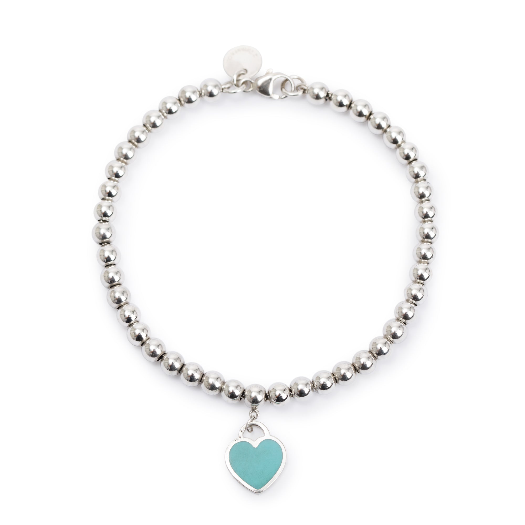 Tiffany & Co. Sterling Silver Return to Tiffany Mini Heart Tag 4MM Bead Bracelet with Blue Enamel