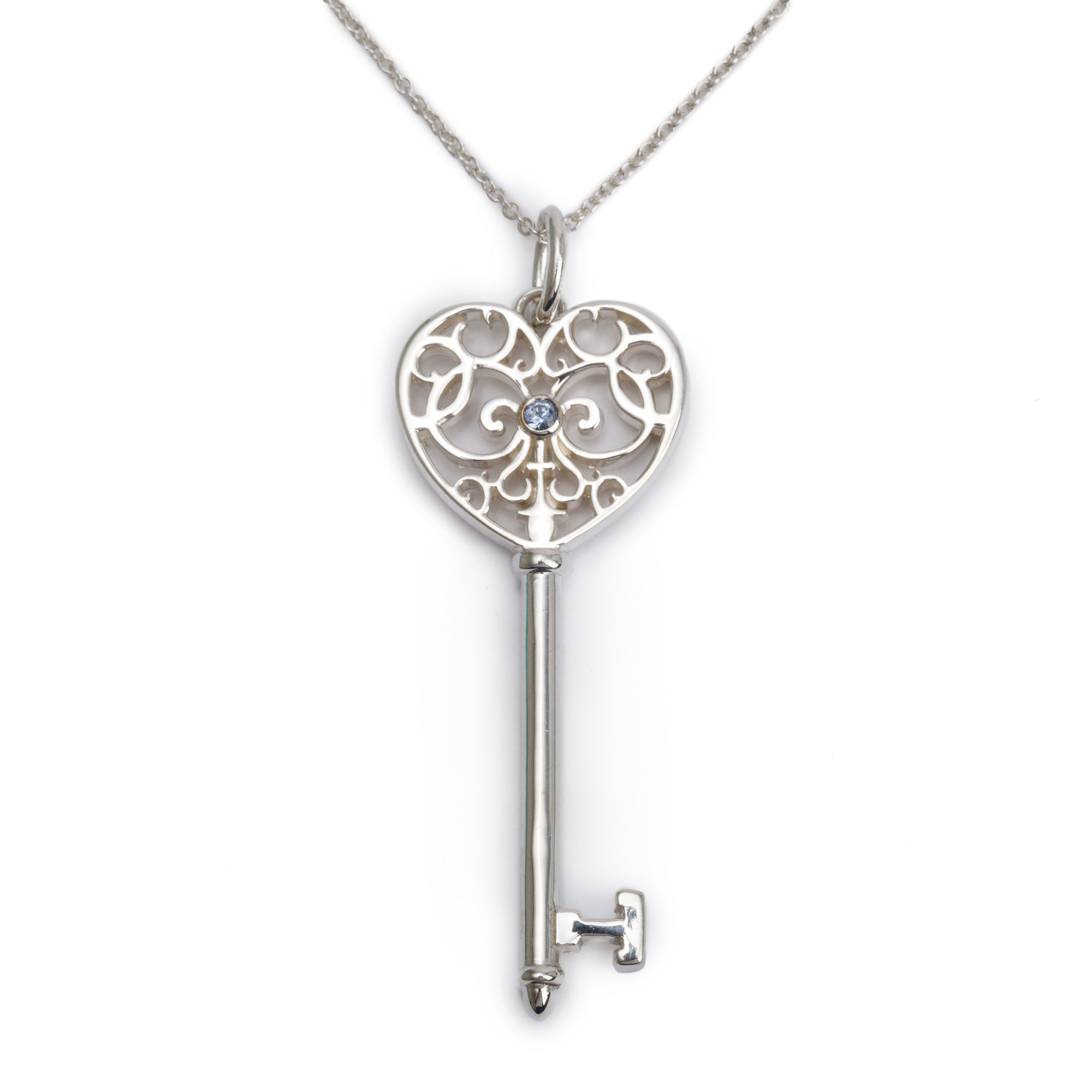 Tiffany & Co. Sterling Silver Sapphire Enchant Heart Key Pendant Necklace w/ Box & Receipt