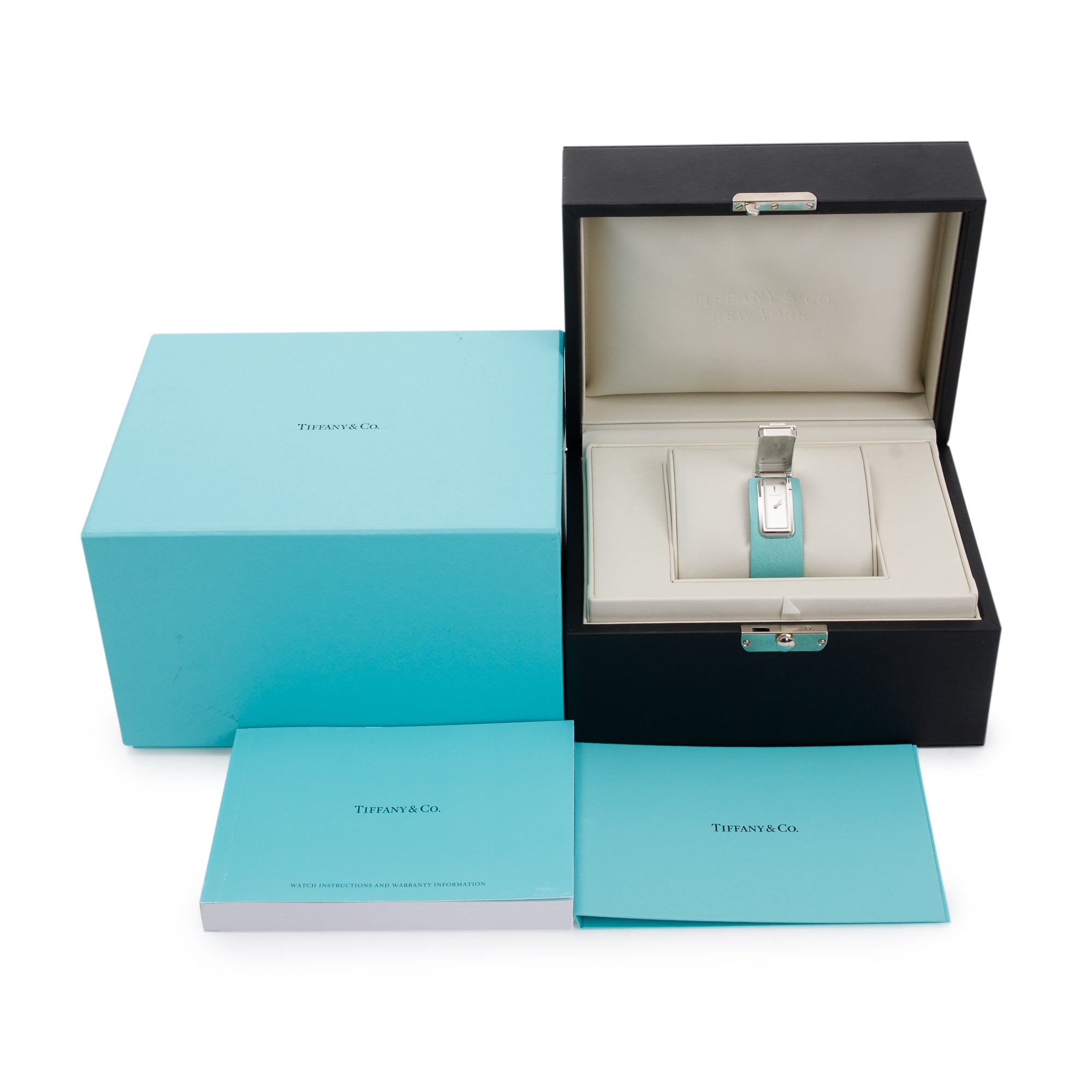 Tiffany & Co. Sterling Silver Tiffany Blue Calfskin 15MM T Watch w/ Box & Papers