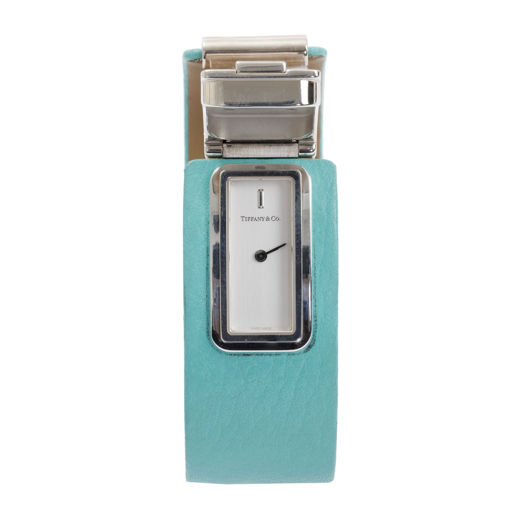 Tiffany & Co. Sterling Silver Tiffany Blue Calfskin 15MM T Watch w/ Box & Papers