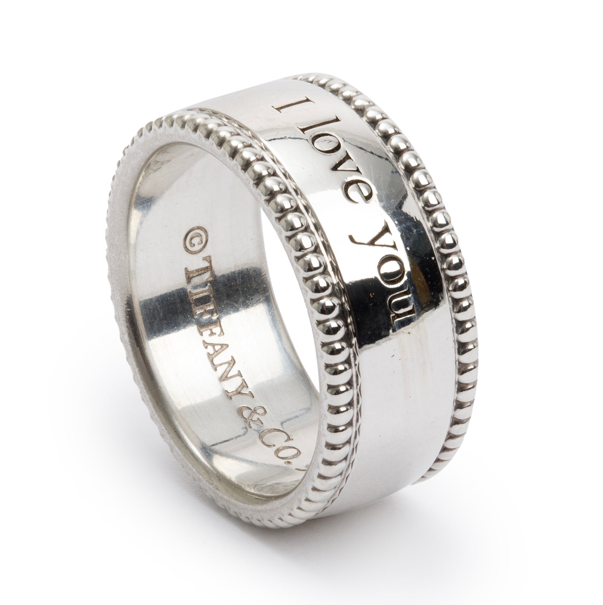 Tiffany & Co. Sterling Silver Wide 'I Love You' Beaded Edge Band, Size 5