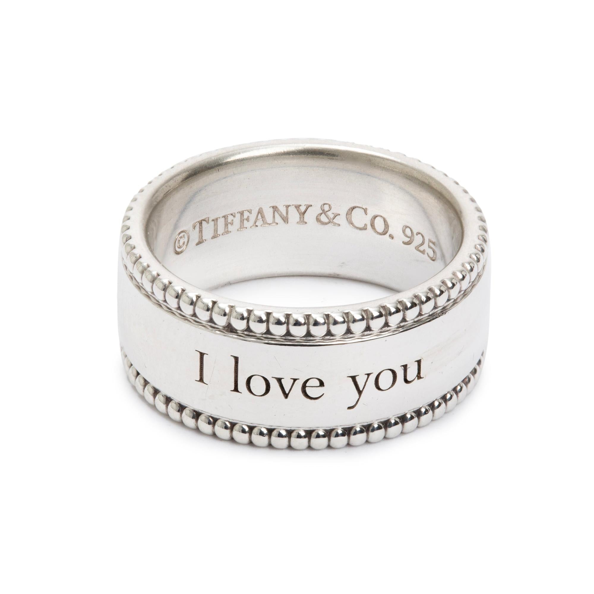 Tiffany & Co. Sterling Silver Wide 'I Love You' Beaded Edge Band, Size 5