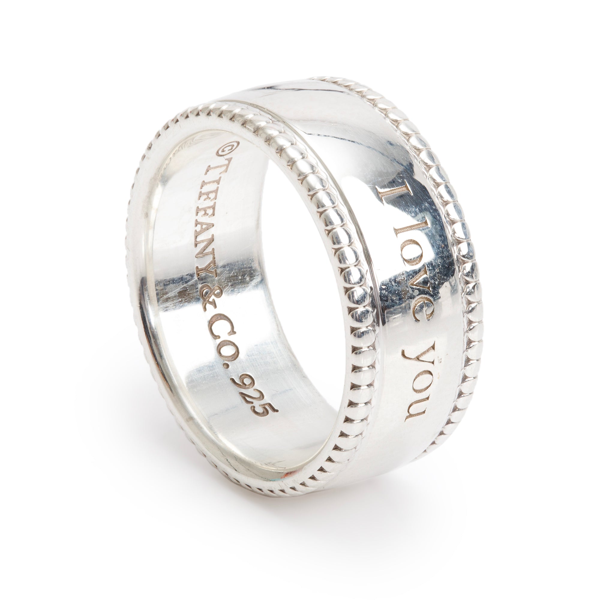 Tiffany & Co. Sterling Silver Wide 'I Love You' Beaded Edge Band, Size 6