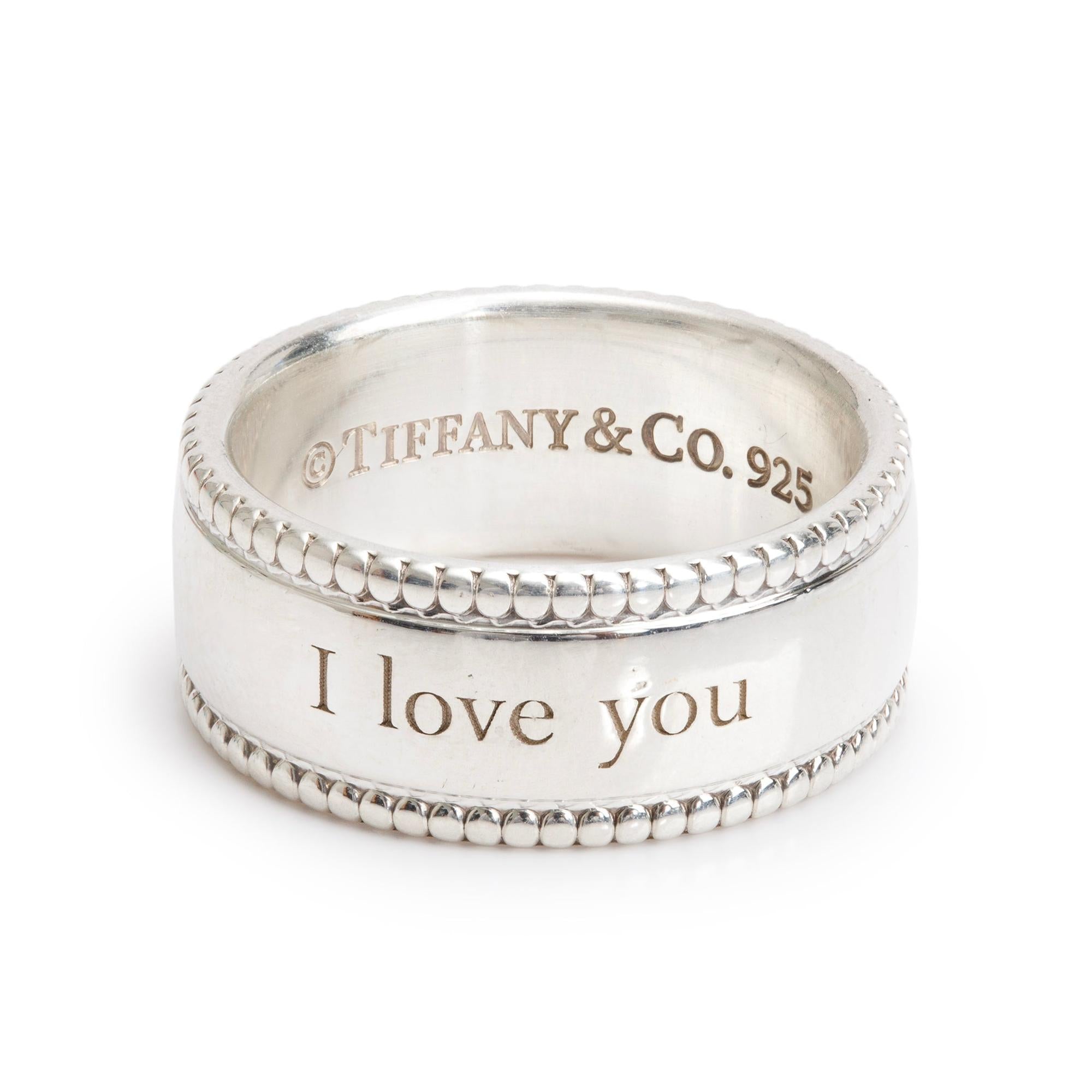 Tiffany & Co. Sterling Silver Wide 'I Love You' Beaded Edge Band, Size 6