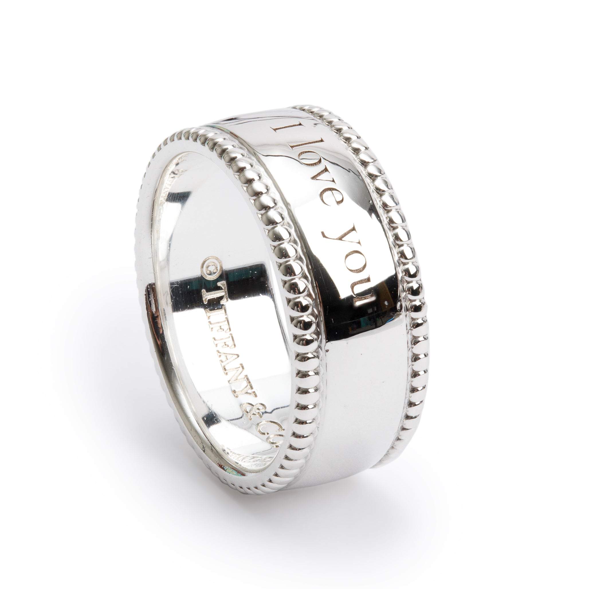 Tiffany & Co. Sterling Silver Wide 'I Love You' Beaded Edge Band, Size 6.5