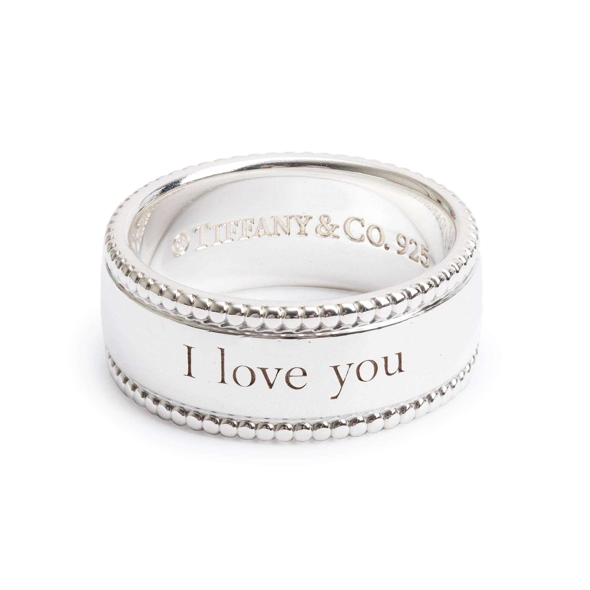 Tiffany & Co. Sterling Silver Wide 'I Love You' Beaded Edge Band, Size 6.5