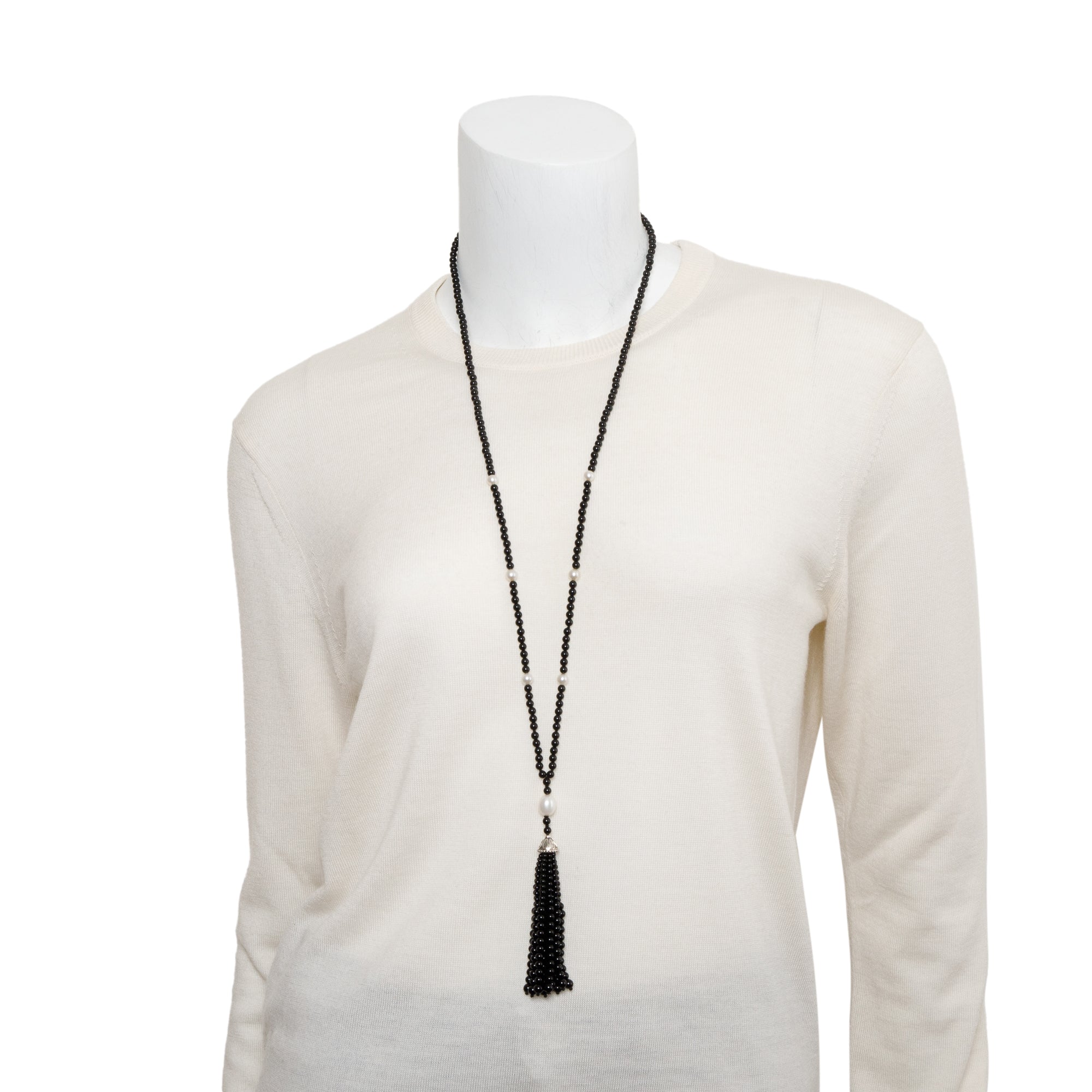 Tiffany & Co. Sterling Silver Ziegfeld Pearl & Onyx Lariat Tassel Necklace w/ Box