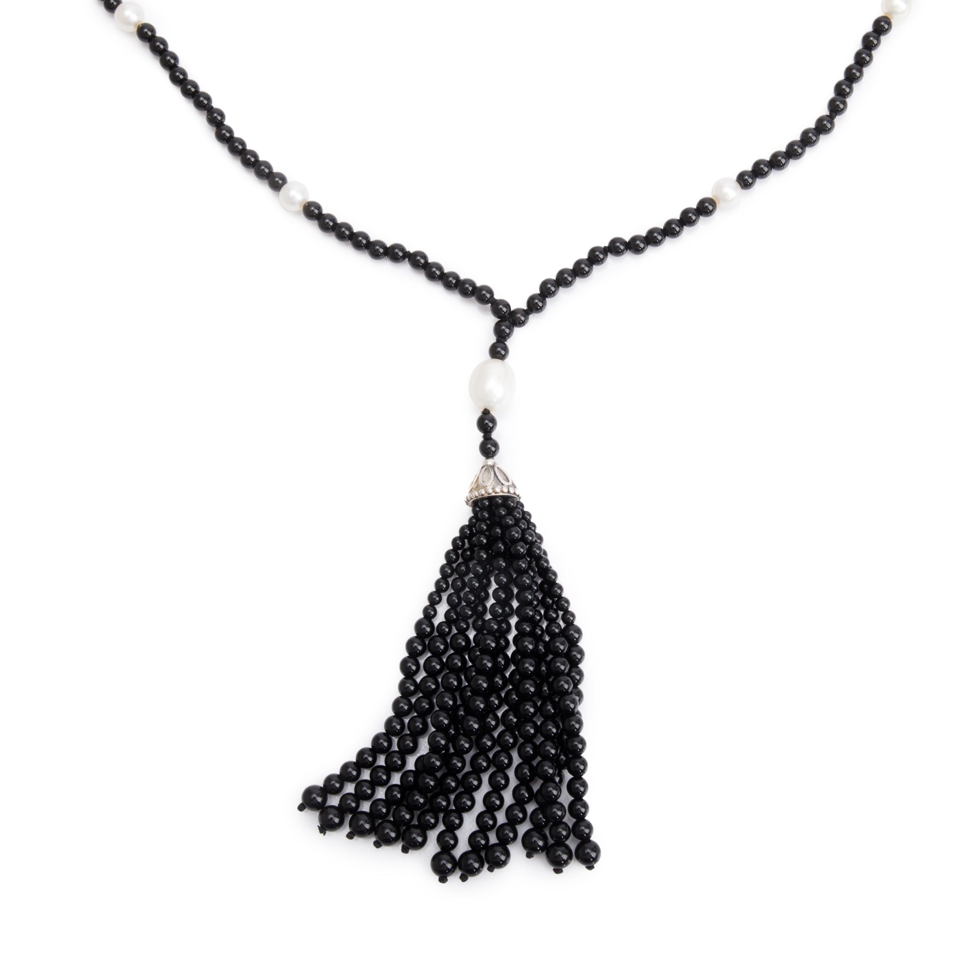 Tiffany & Co. Sterling Silver Ziegfeld Pearl & Onyx Lariat Tassel Necklace w/ Box