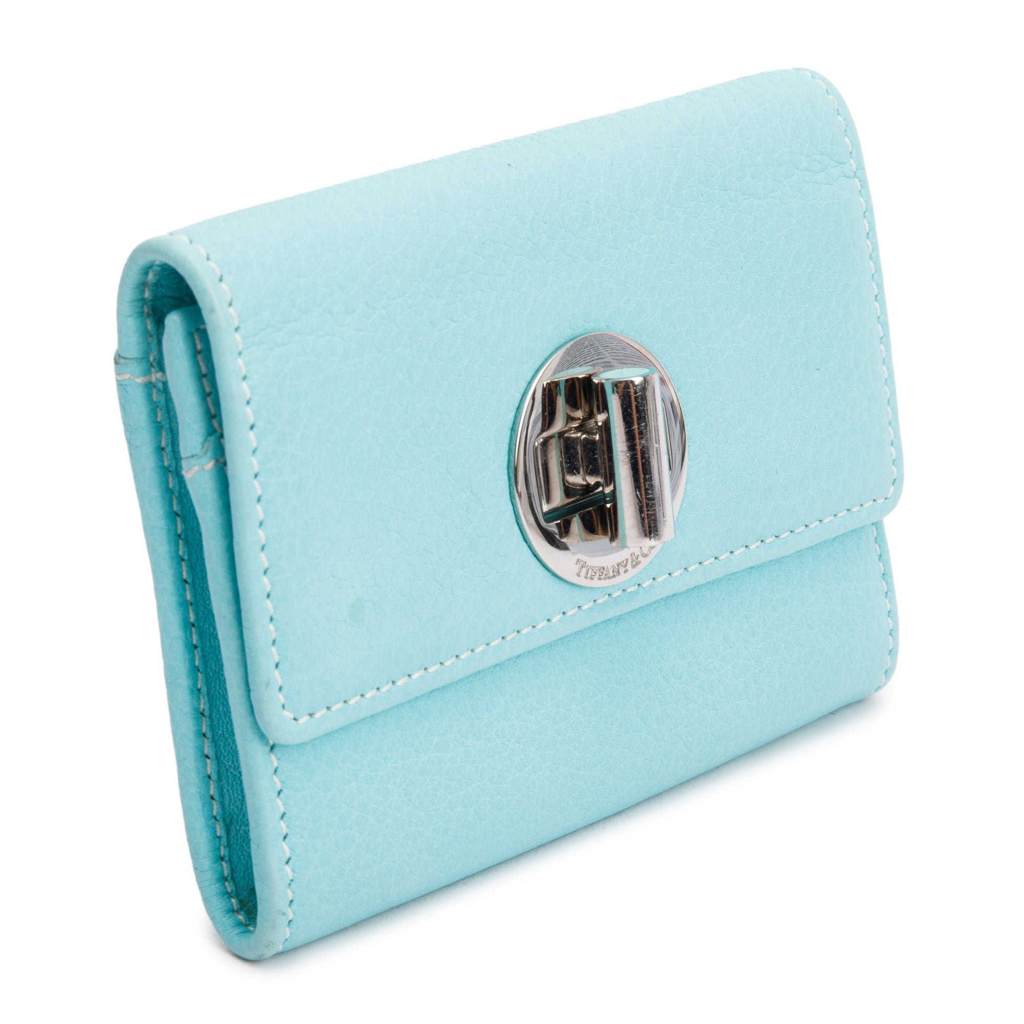 Tiffany & Co. Turquoise Leather Twist Lock Coin Purse Wallet w/ Box
